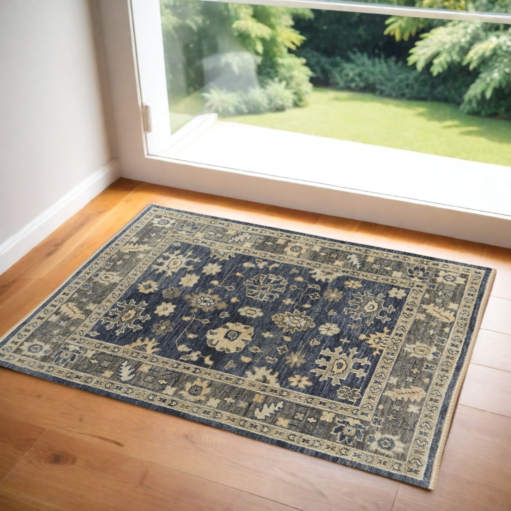 2' X 3' Blue and Gray Wool Floral Hand Knotted Area Rug With Fringe-567106-1