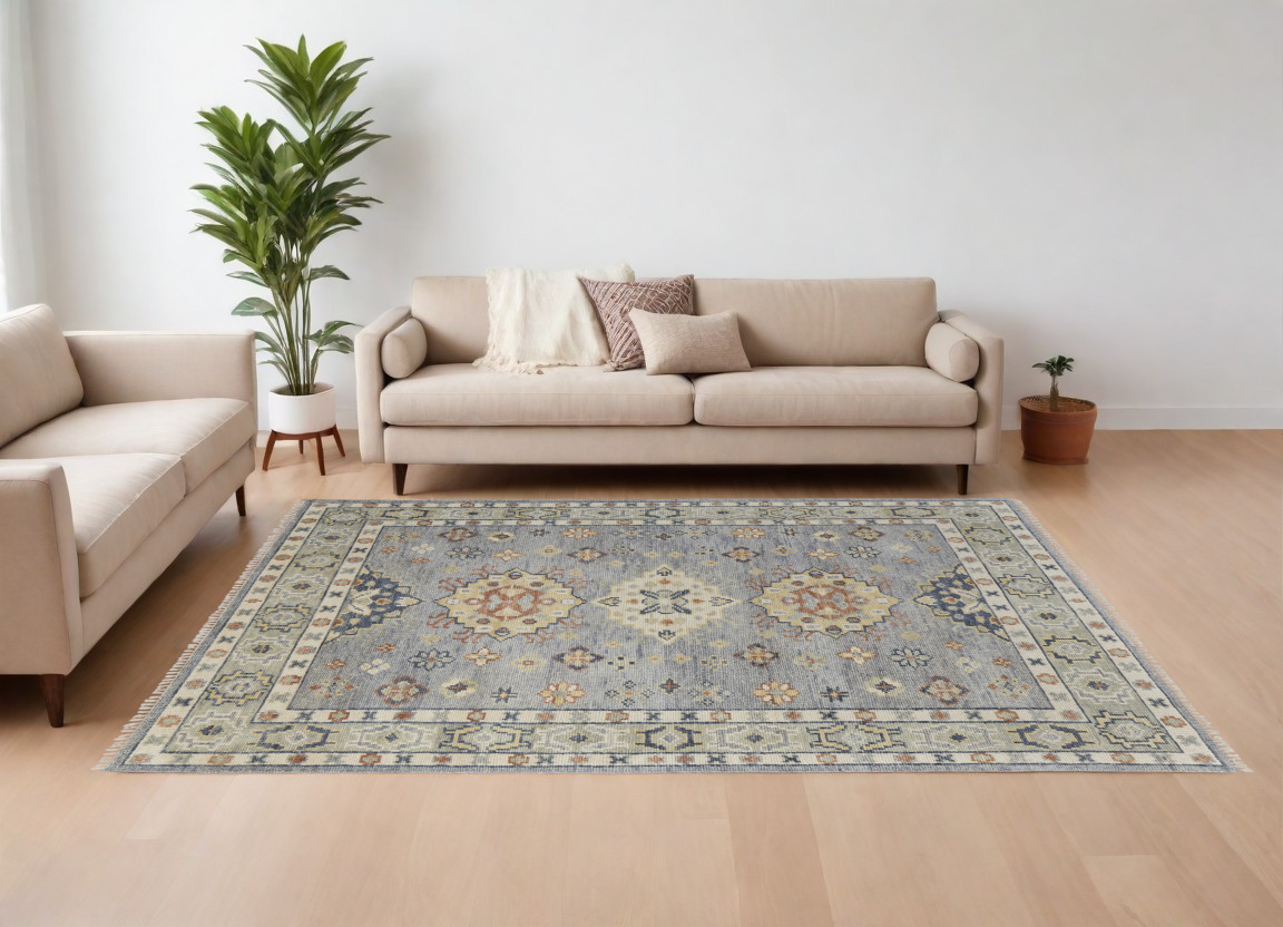9' X 12' Gray Blue and Taupe Wool Geometric Hand Knotted Area Rug With Fringe-567125-1