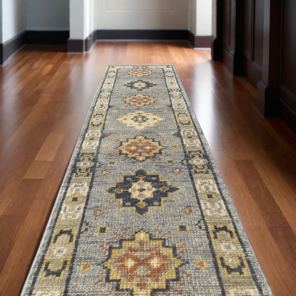 14' Gray Blue and Taupe Wool Geometric Hand Knotted Runner Rug With Fringe-567128-1