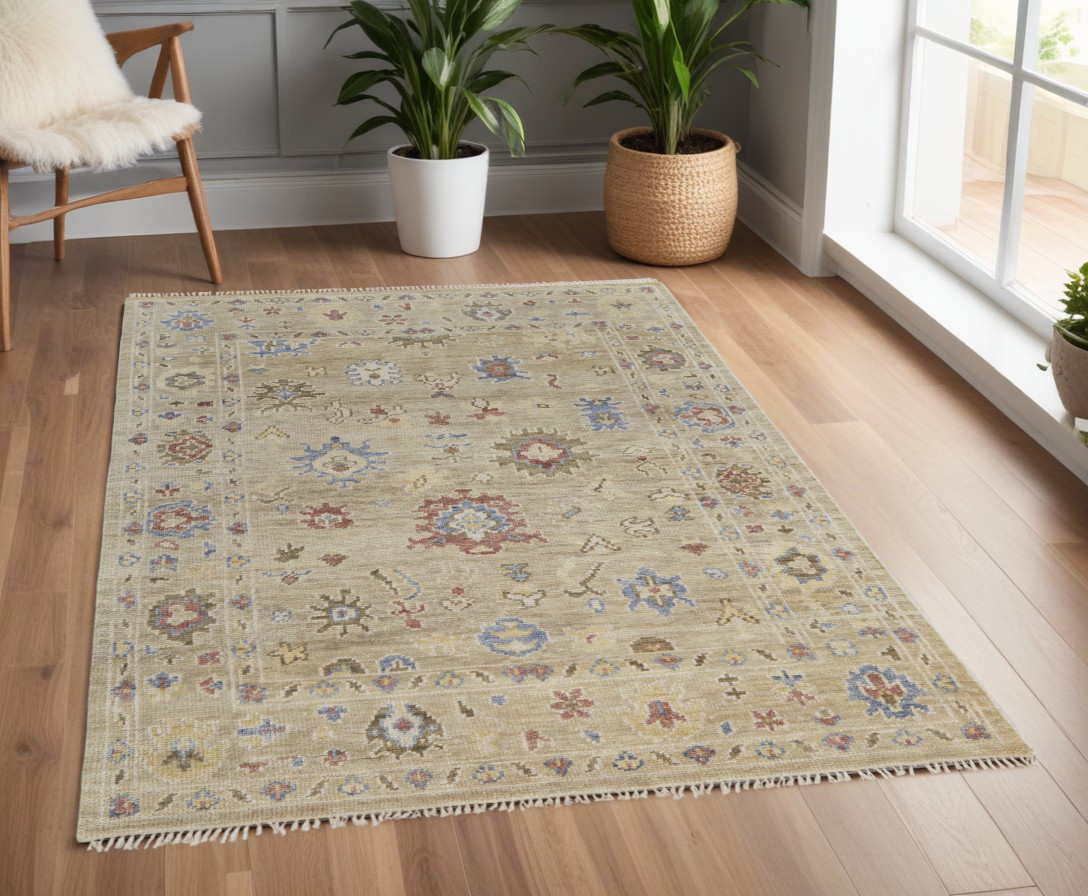 4' X 6' Tan Brown and Blue Wool Floral Hand Knotted Area Rug With Fringe-567137-1
