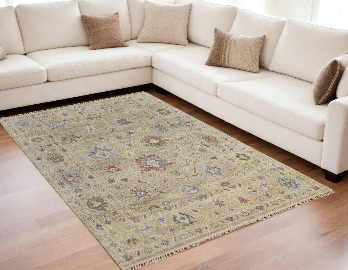 5' X 8' Tan Brown and Blue Wool Floral Hand Knotted Area Rug With Fringe-567138-1