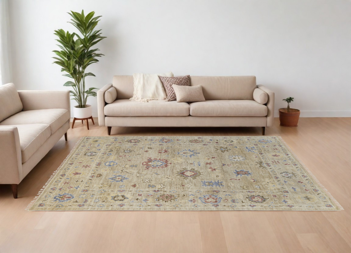 10' X 14' Tan Brown and Blue Wool Floral Hand Knotted Area Rug With Fringe-567141-1