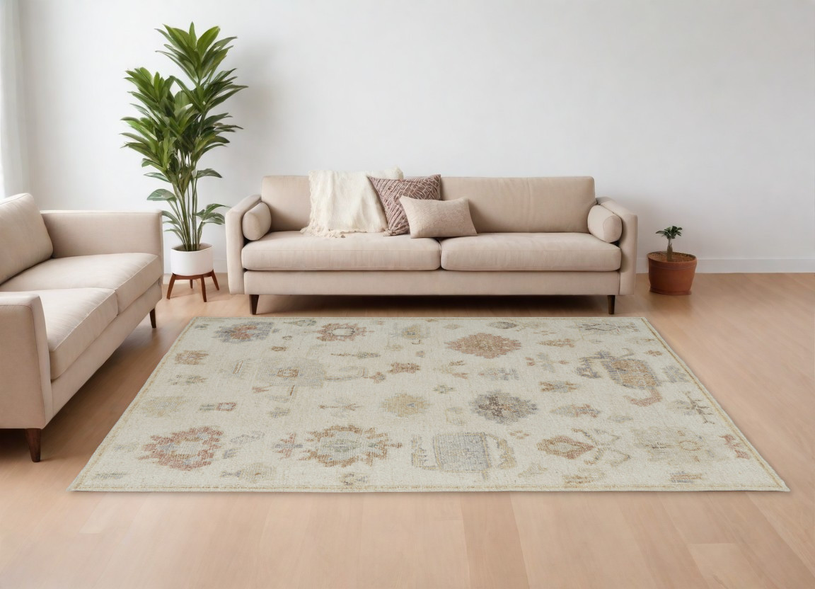 8' X 10' Ivory Tan and Gray Wool Floral Hand Knotted Area Rug-567190-1