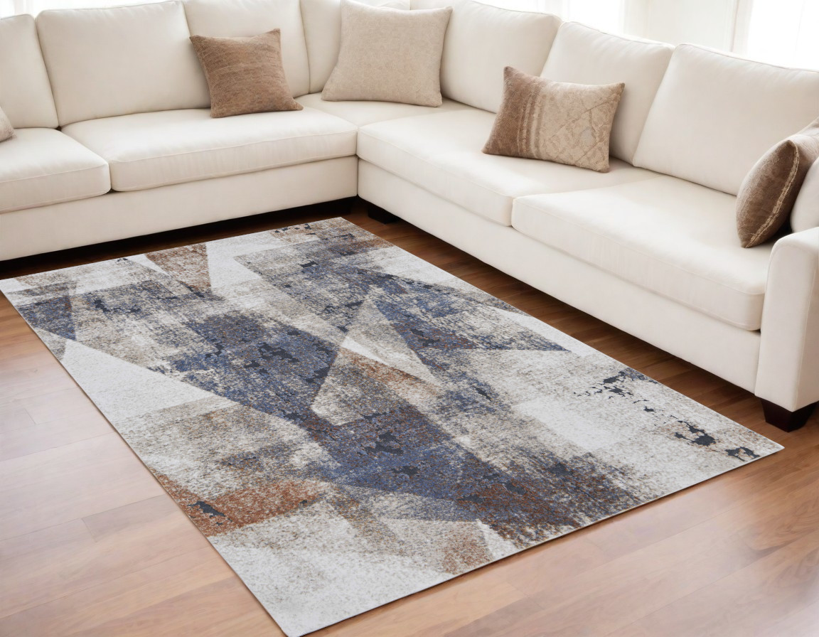 5" X 8" Gray Blue and Ivory Checkered Power Loom Area Rug