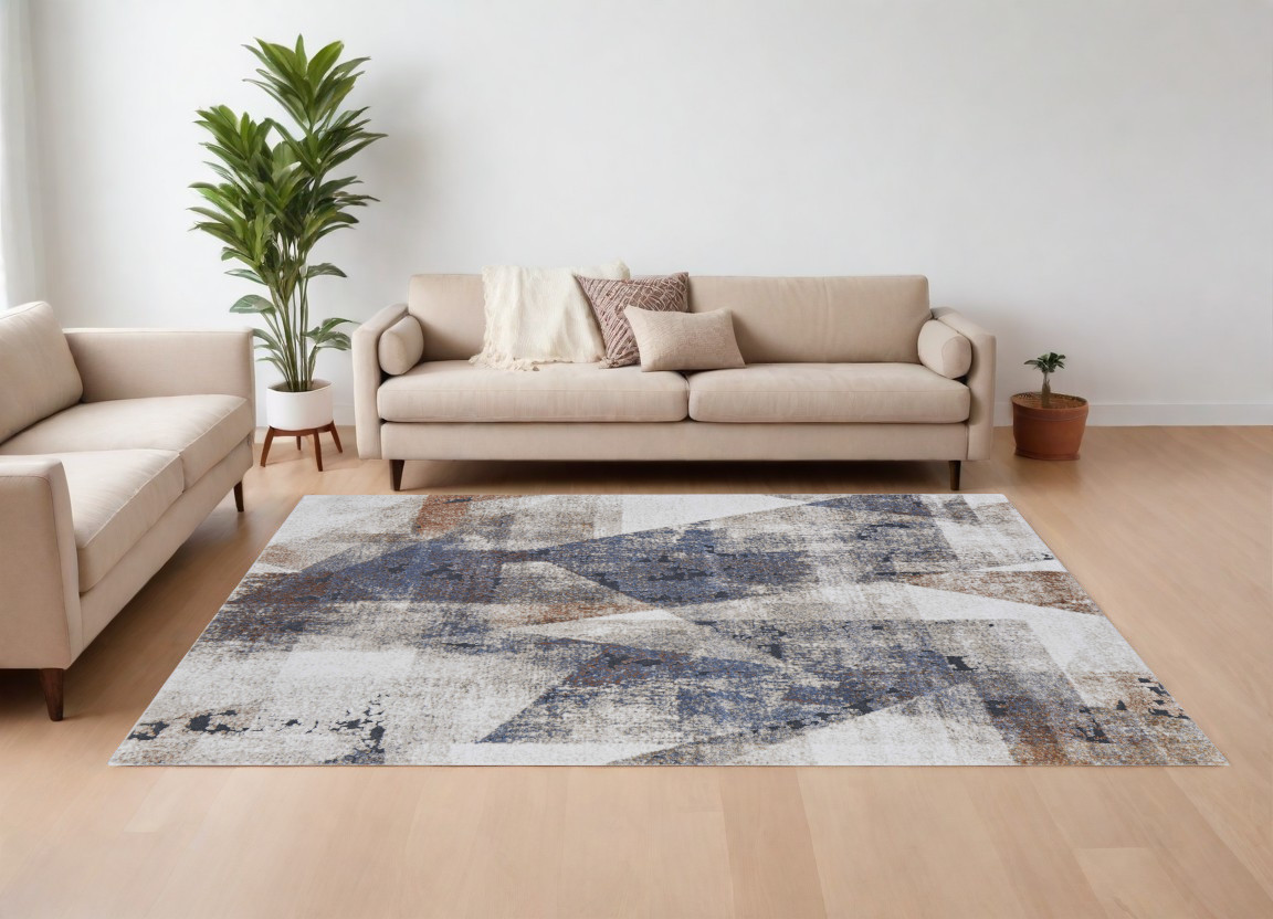 8" X 10" Gray Blue and Ivory Checkered Power Loom Area Rug