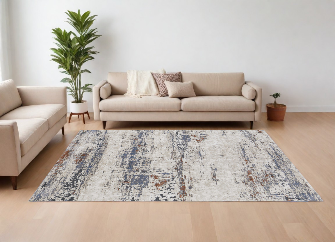 10" X 14" Gray Blue and Ivory Abstract Power Loom Area Rug