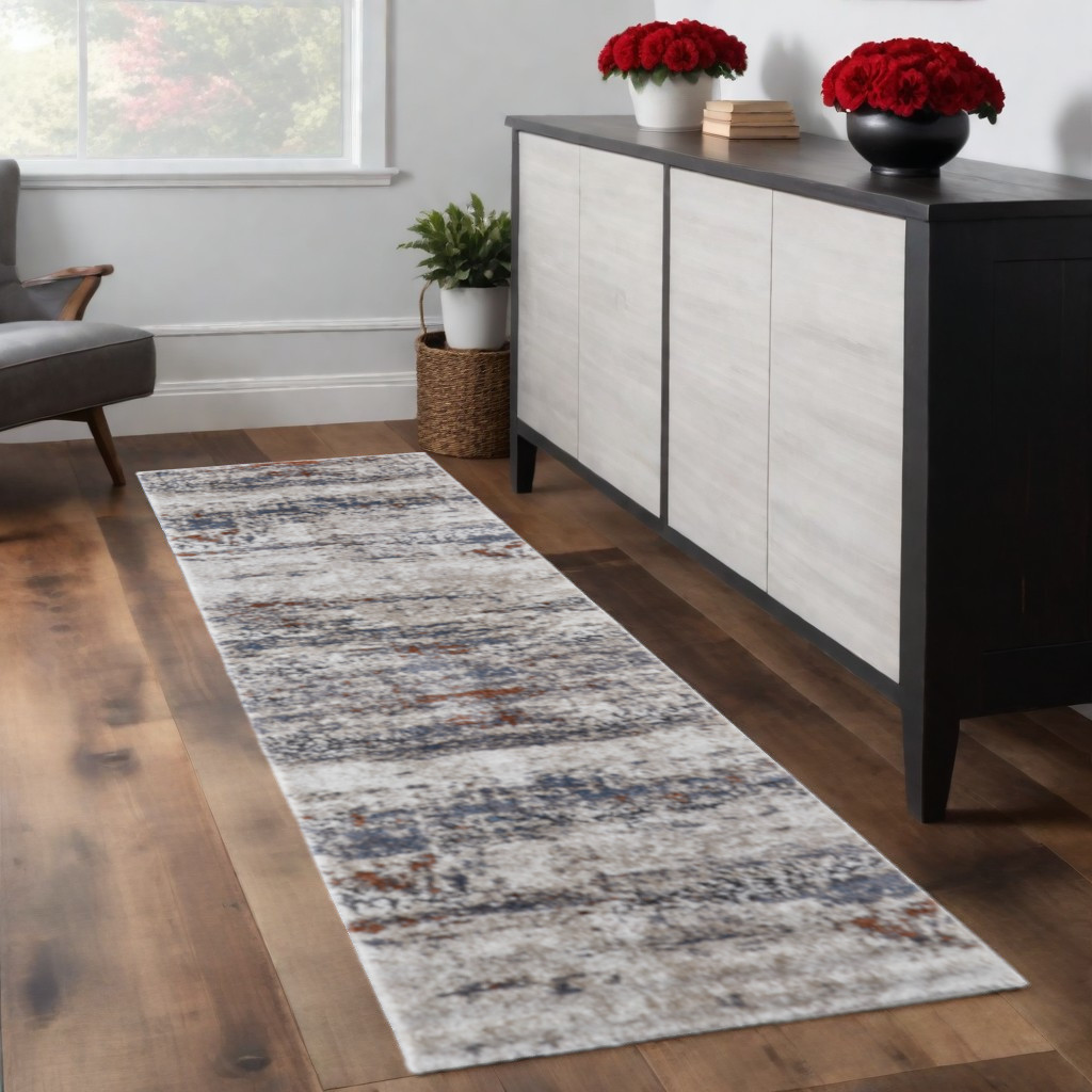 8" Gray Blue and Ivory Abstract Power Loom Runner Rug