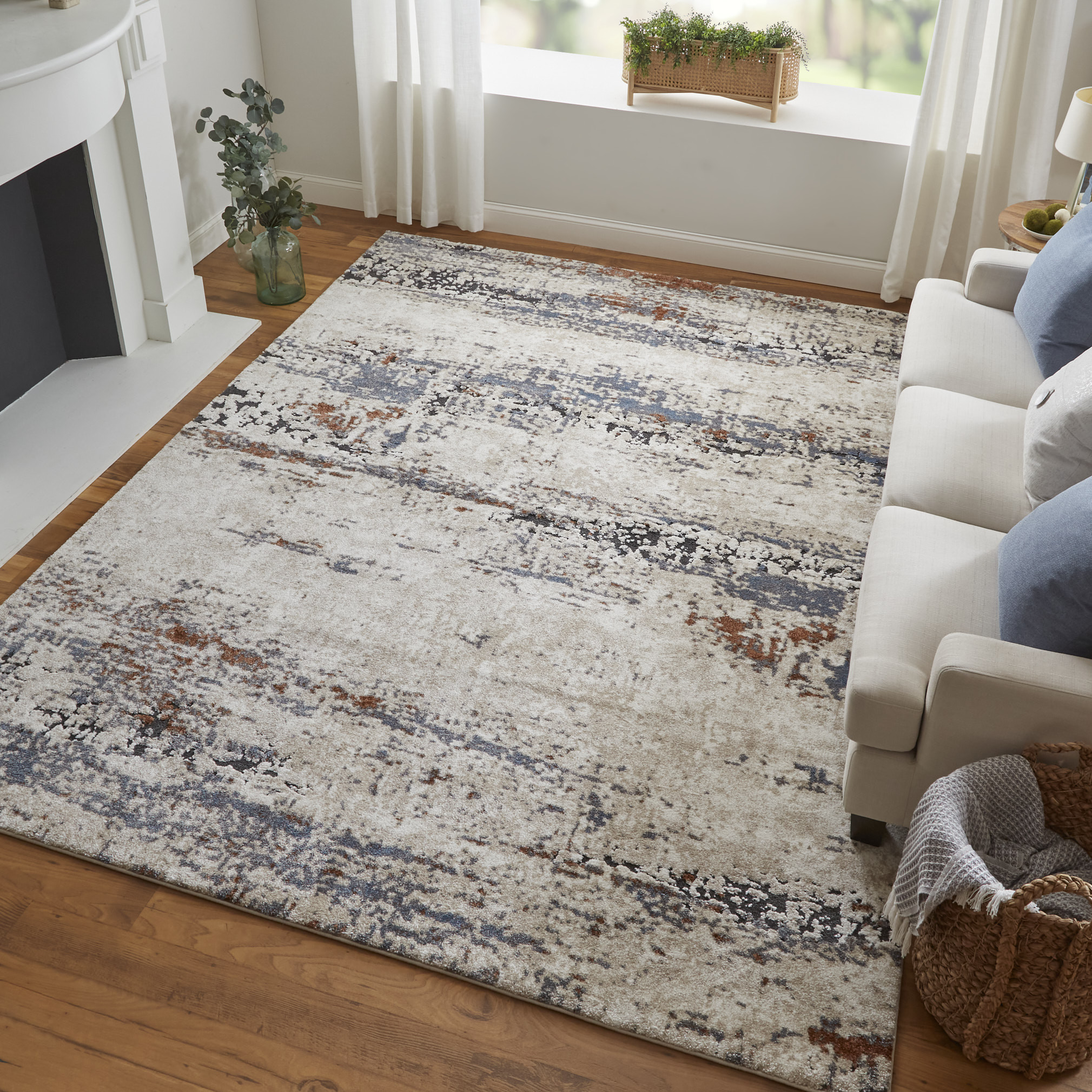 8" Gray Blue and Ivory Abstract Power Loom Runner Rug