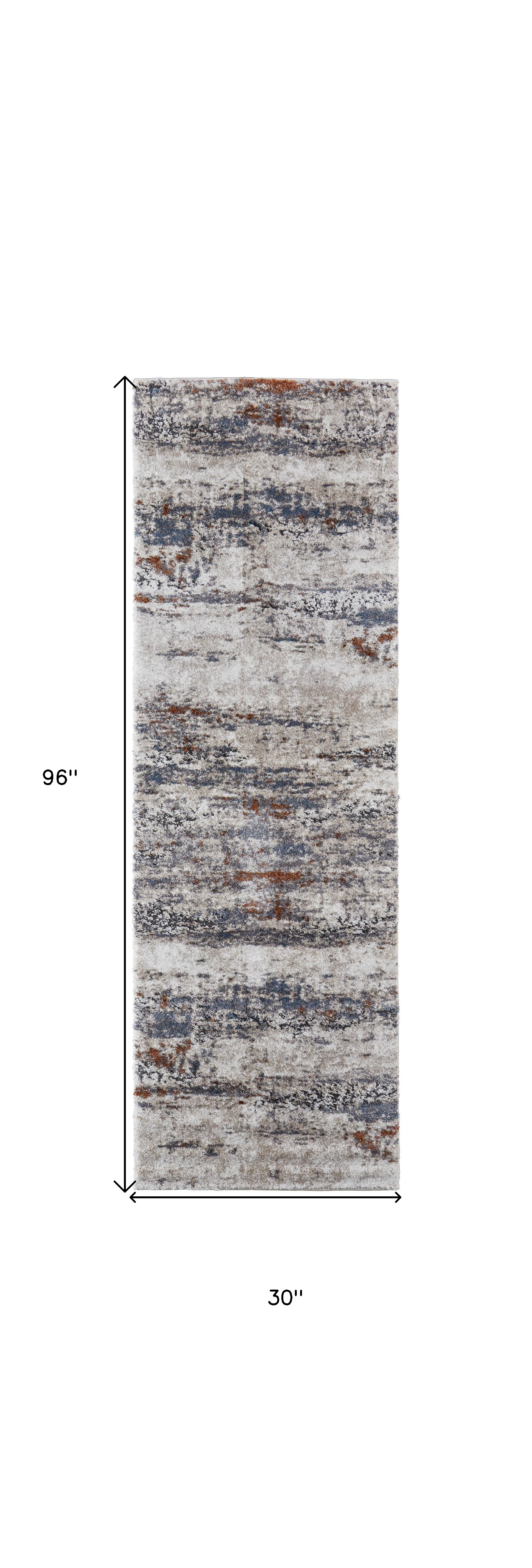 8" Gray Blue and Ivory Abstract Power Loom Runner Rug