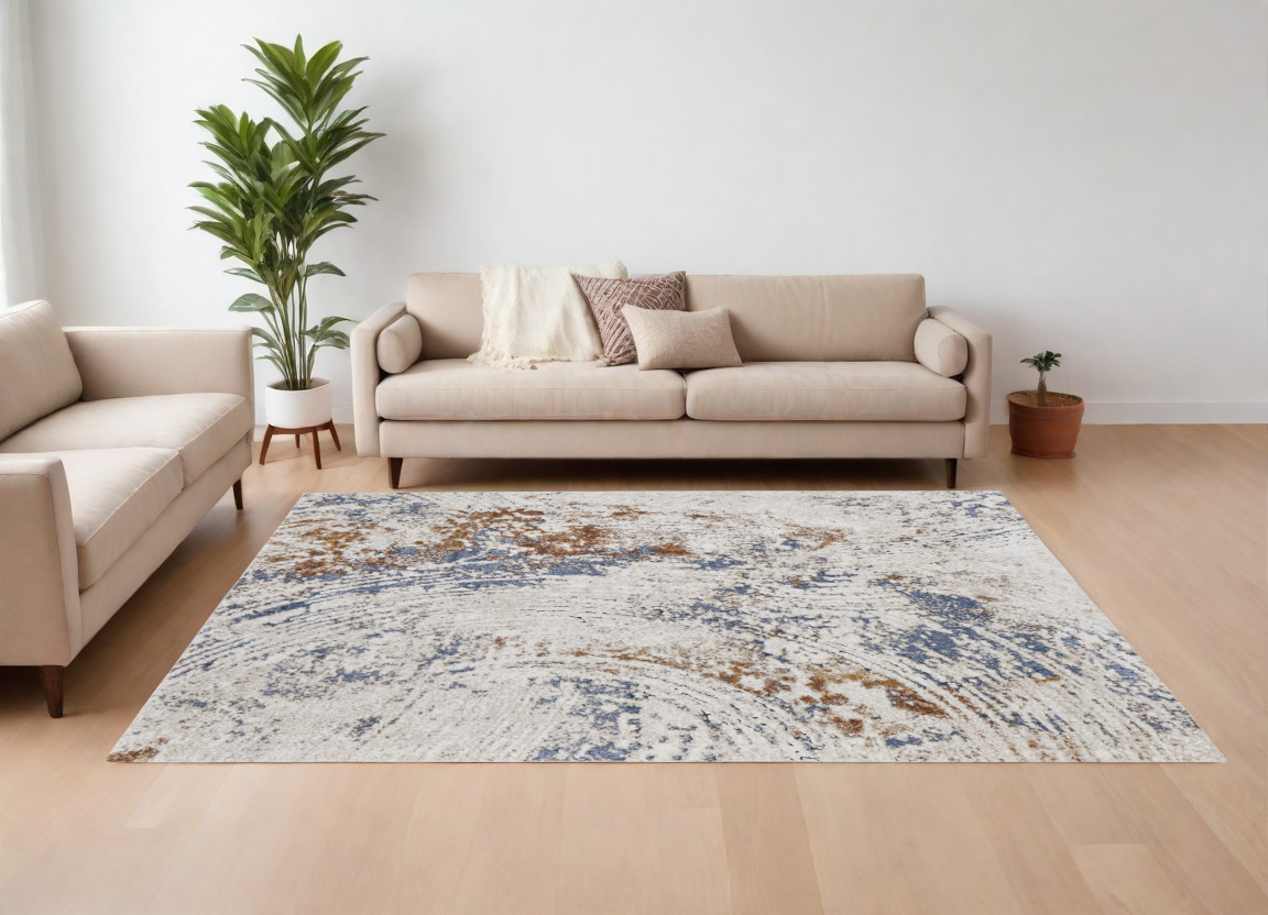 8" X 10" Ivory Blue and Brown Abstract Power Loom Area Rug