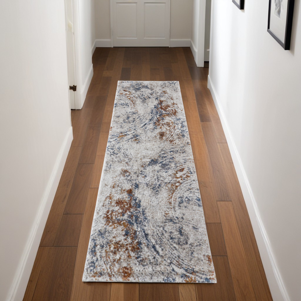 8" Ivory Blue and Brown Abstract Power Loom Runner Rug