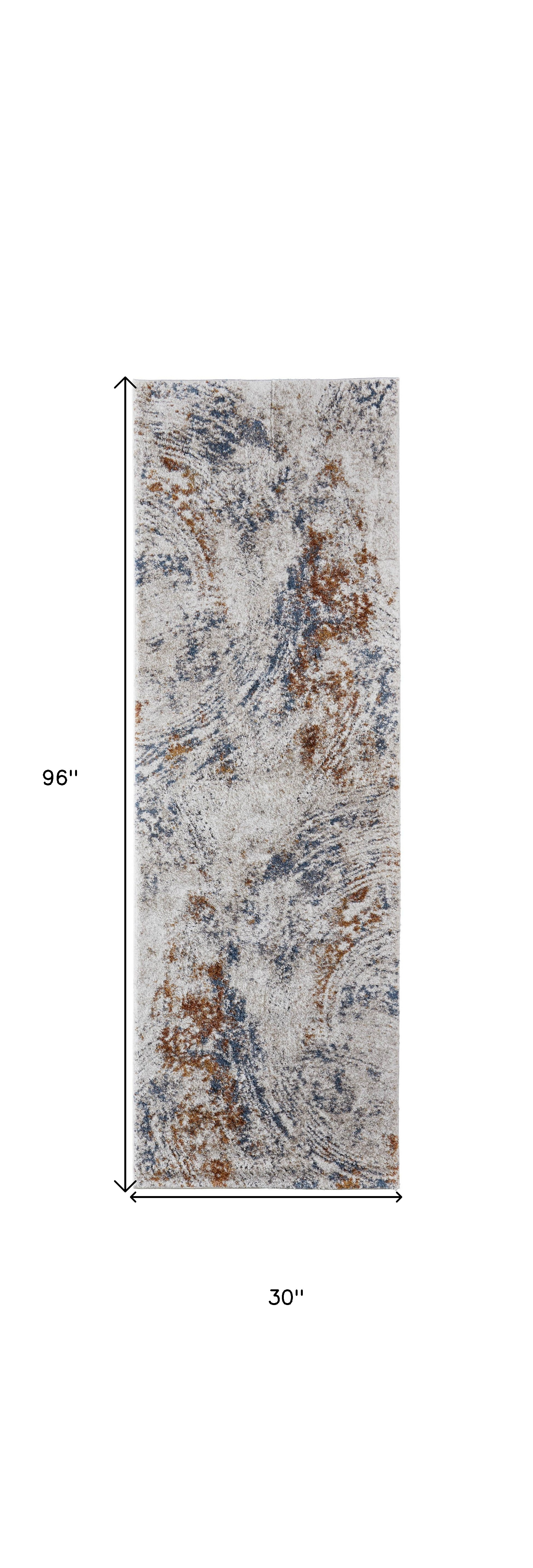 8" Ivory Blue and Brown Abstract Power Loom Runner Rug