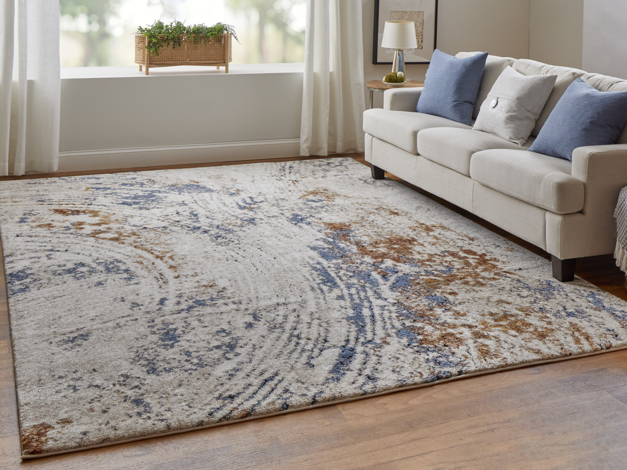 2" X 3" Ivory Blue and Brown Abstract Power Loom Area Rug