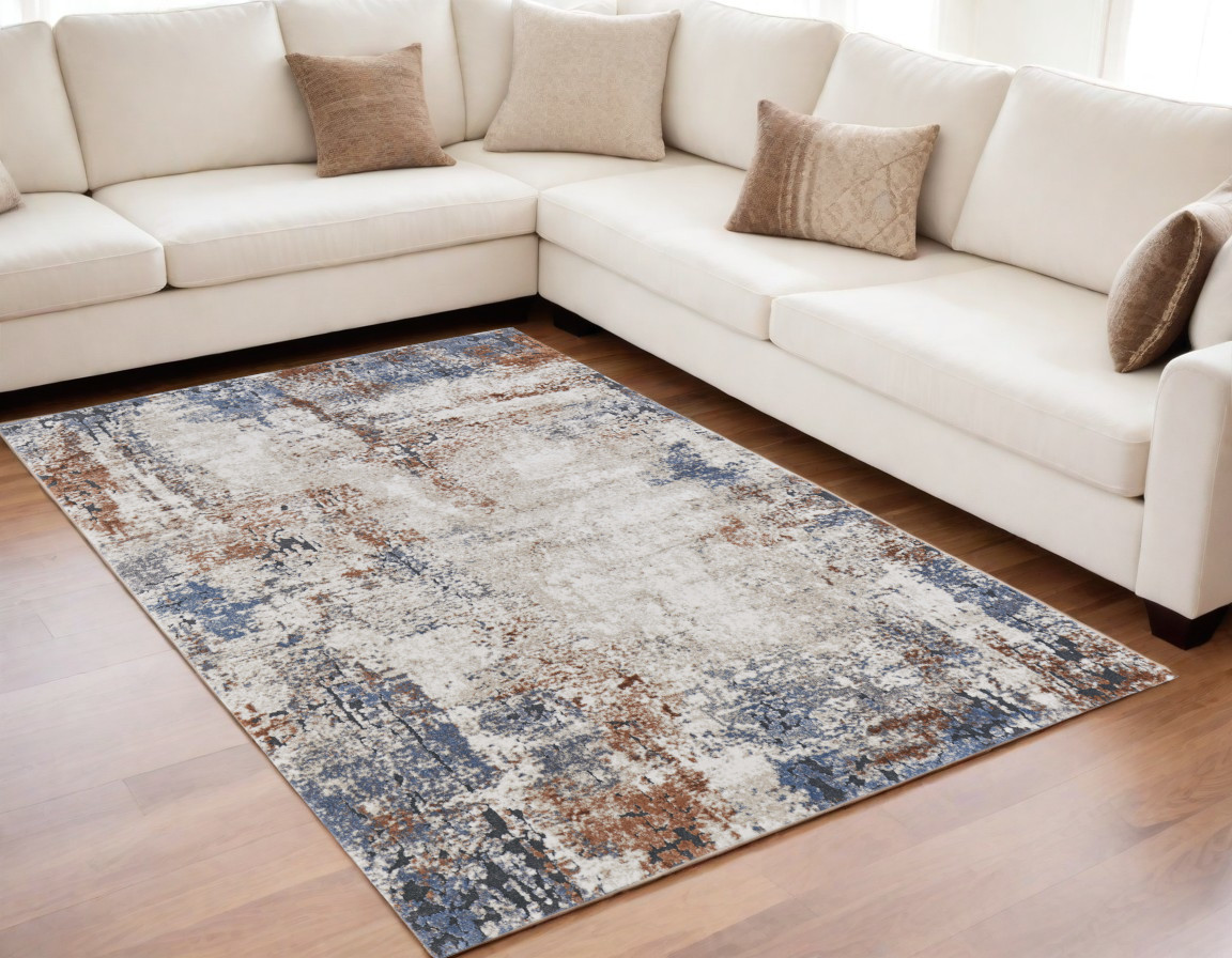 5" X 8" Blue Gray and Brown Abstract Power Loom Worn Faded Area Rug