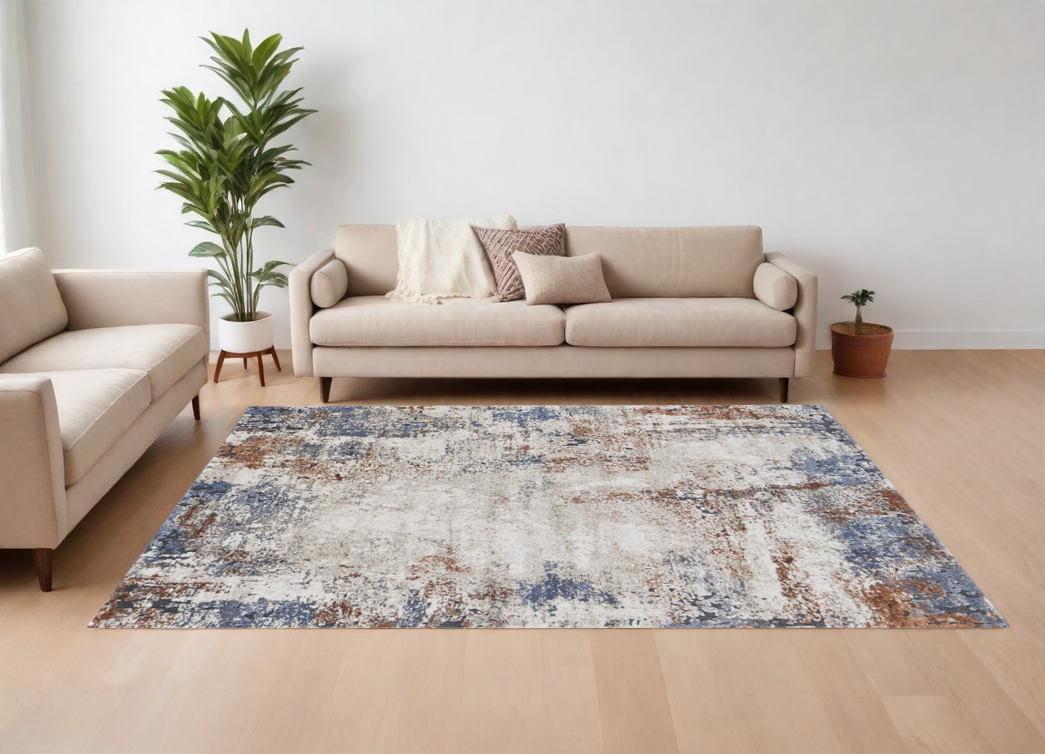 8" X 10" Blue Gray and Brown Abstract Power Loom Worn Faded Area Rug