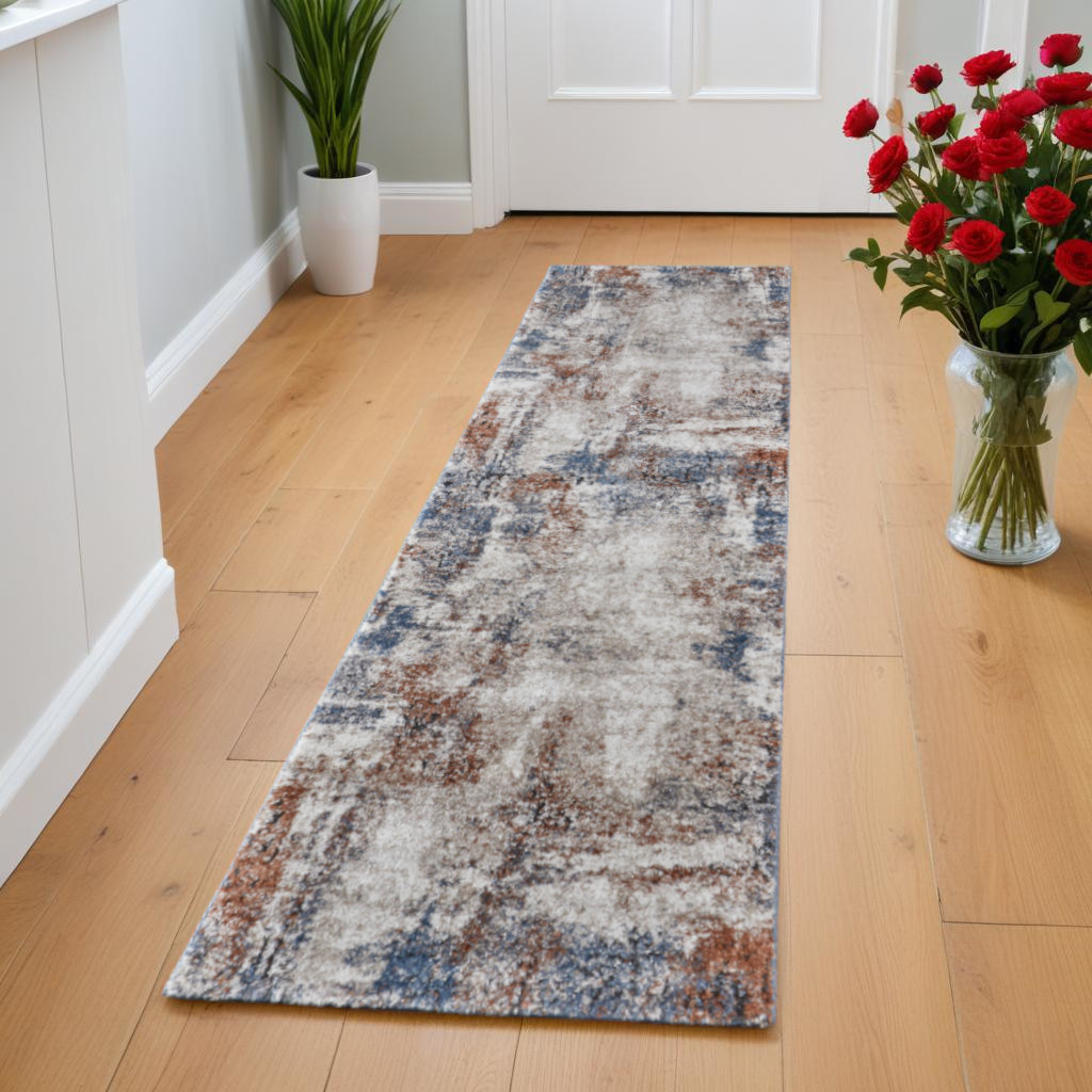 8" Blue Gray and Brown Abstract Power Loom Worn Faded Runner Rug