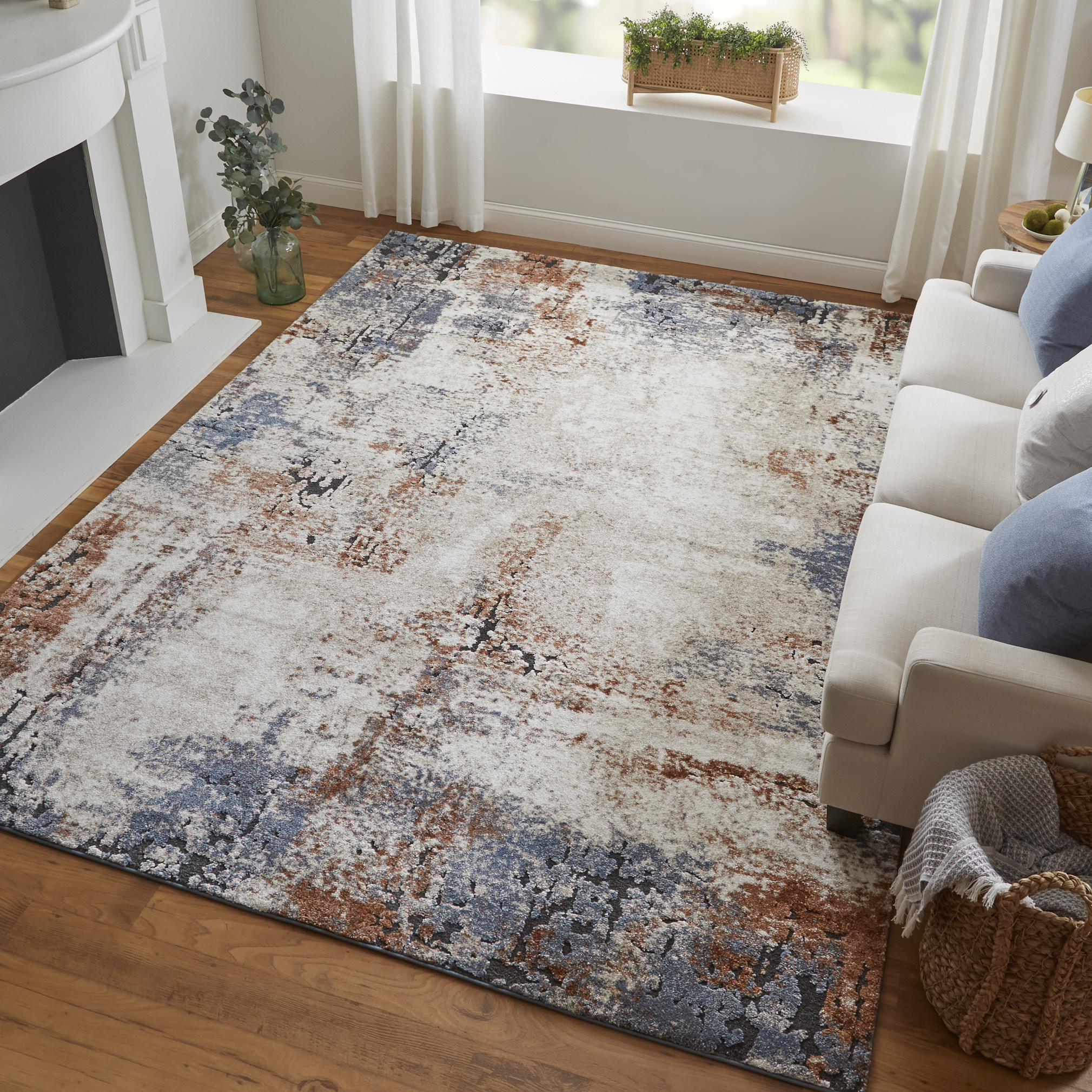 8" Blue Gray and Brown Abstract Power Loom Worn Faded Runner Rug