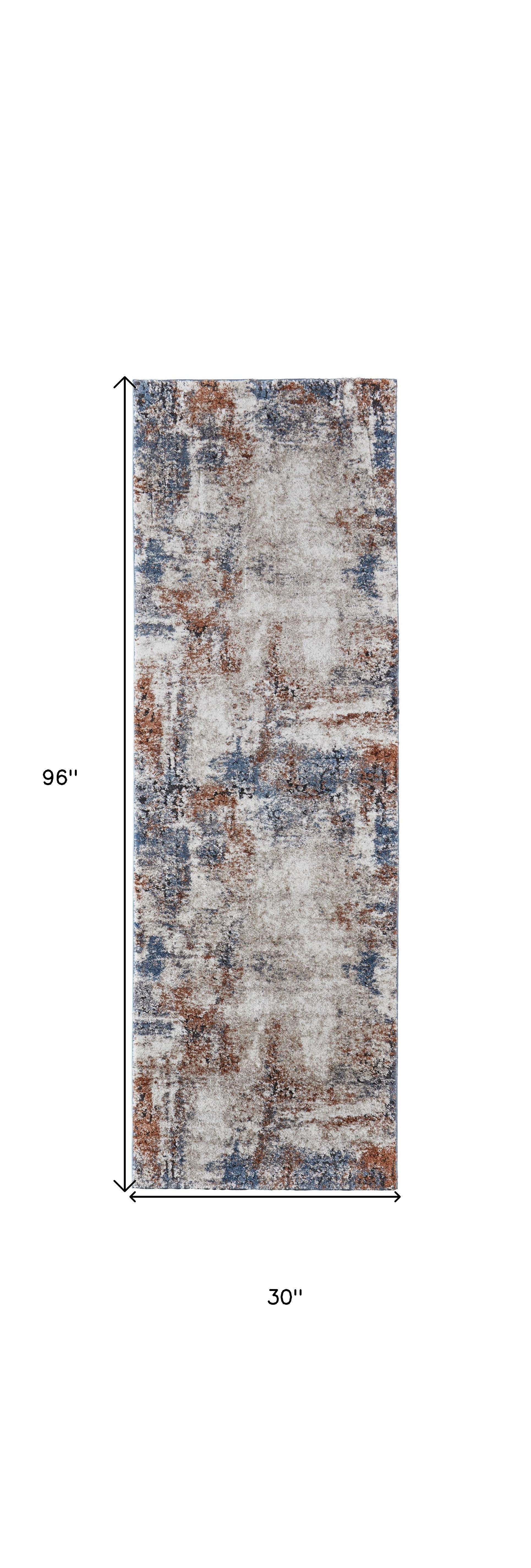 8" Blue Gray and Brown Abstract Power Loom Worn Faded Runner Rug