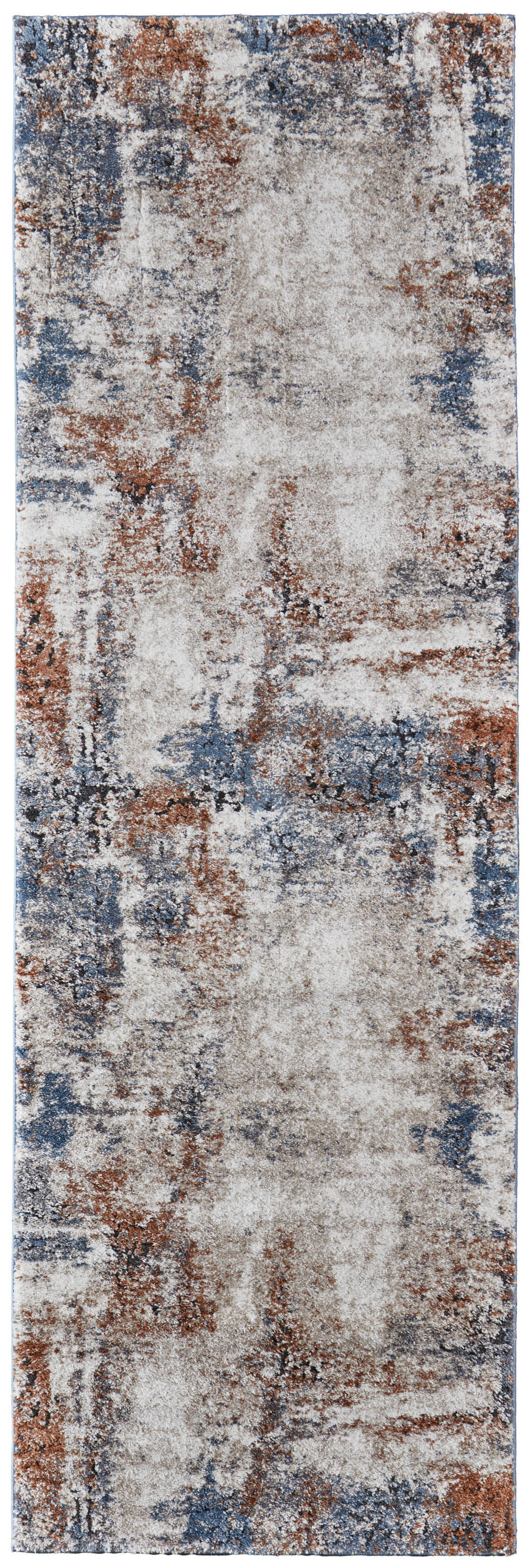 8" Blue Gray and Brown Abstract Power Loom Worn Faded Runner Rug