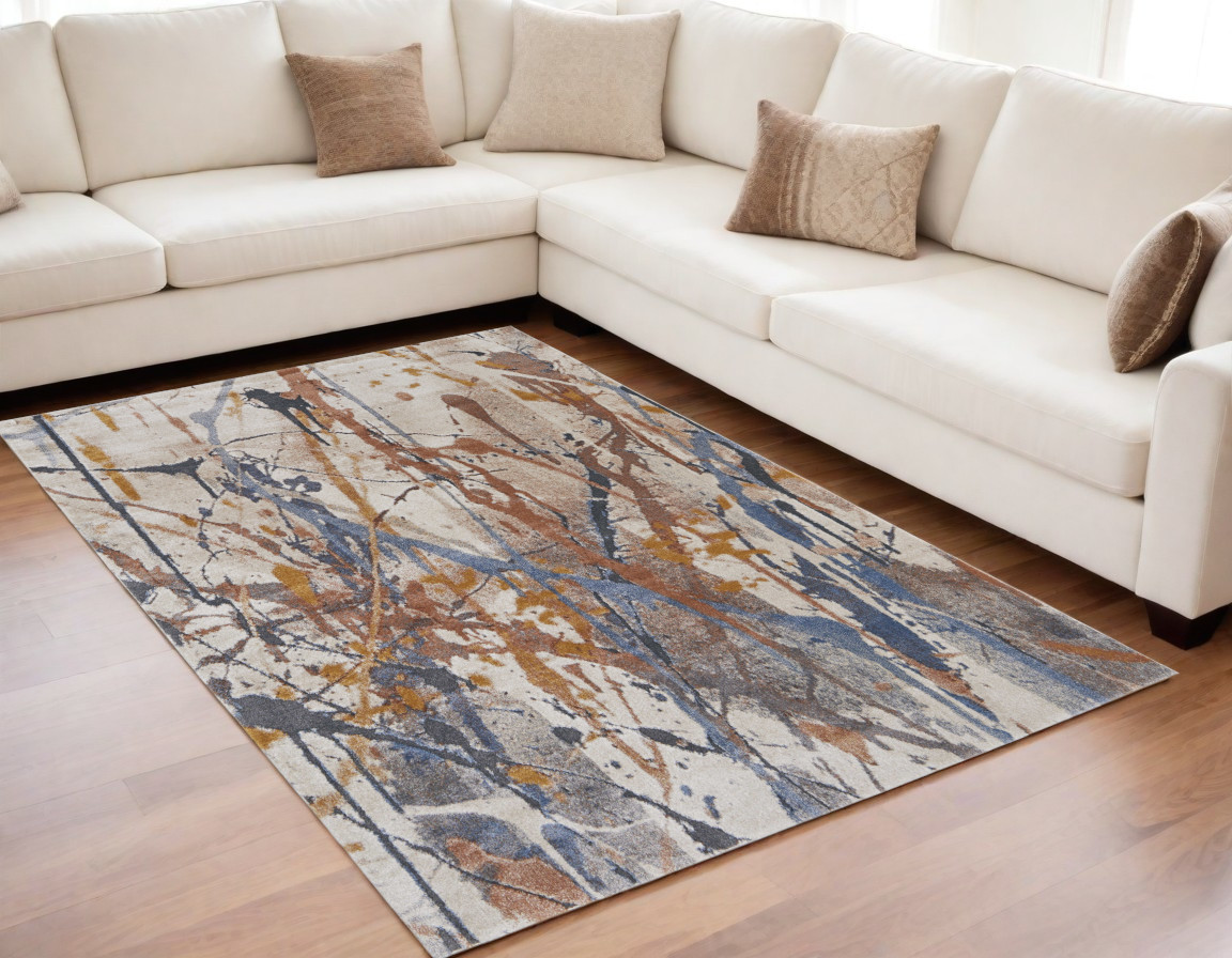 5" X 8" Ivory Blue and Brown Abstract Power Loom Area Rug
