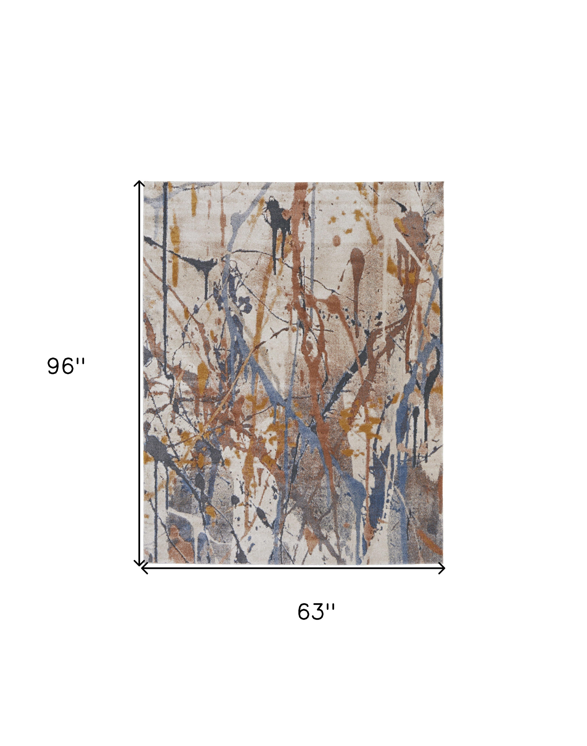 5" X 8" Ivory Blue and Brown Abstract Power Loom Area Rug