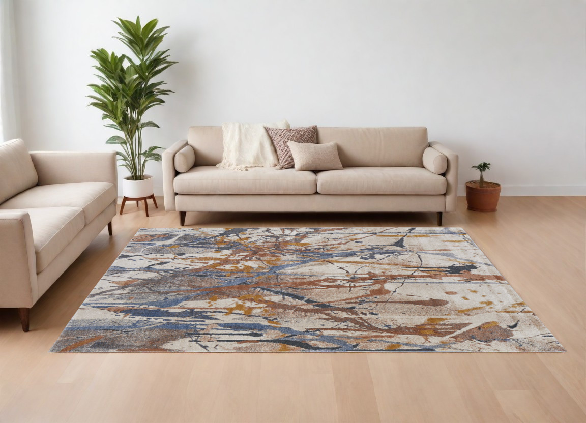 8" X 10" Ivory Blue and Brown Abstract Power Loom Area Rug