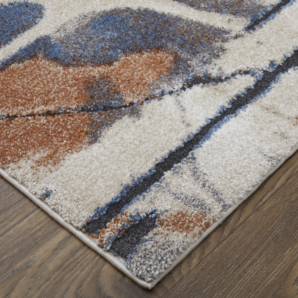 8" Ivory Blue and Brown Abstract Power Loom Runner Rug
