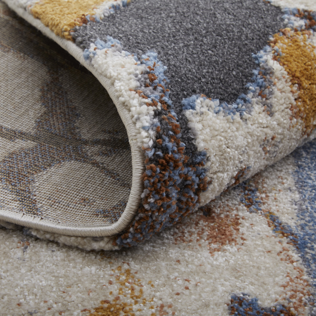 8" Ivory Blue and Brown Abstract Power Loom Runner Rug