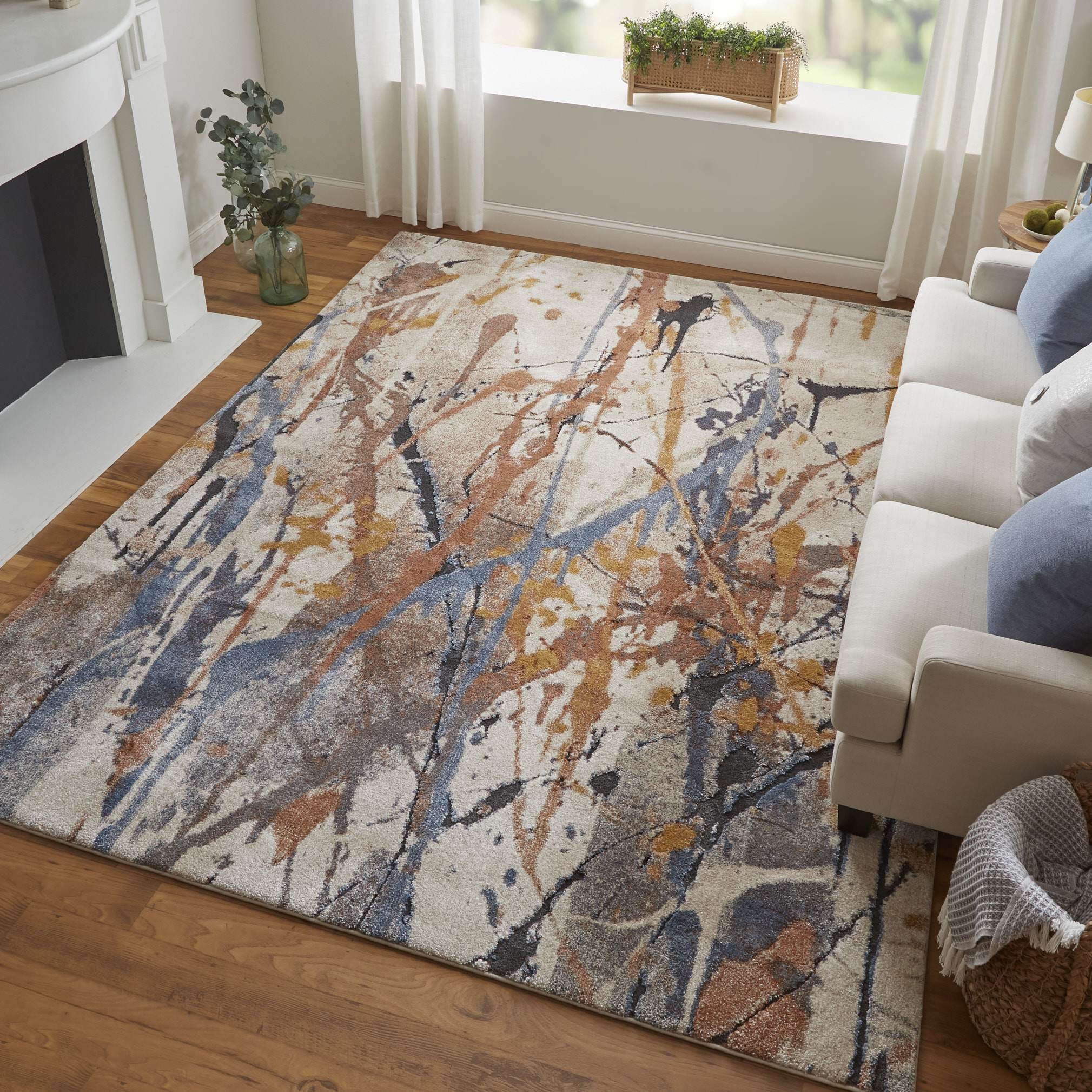 8" Ivory Blue and Brown Abstract Power Loom Runner Rug