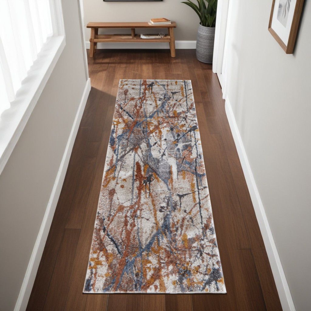 8" Ivory Blue and Brown Abstract Power Loom Runner Rug