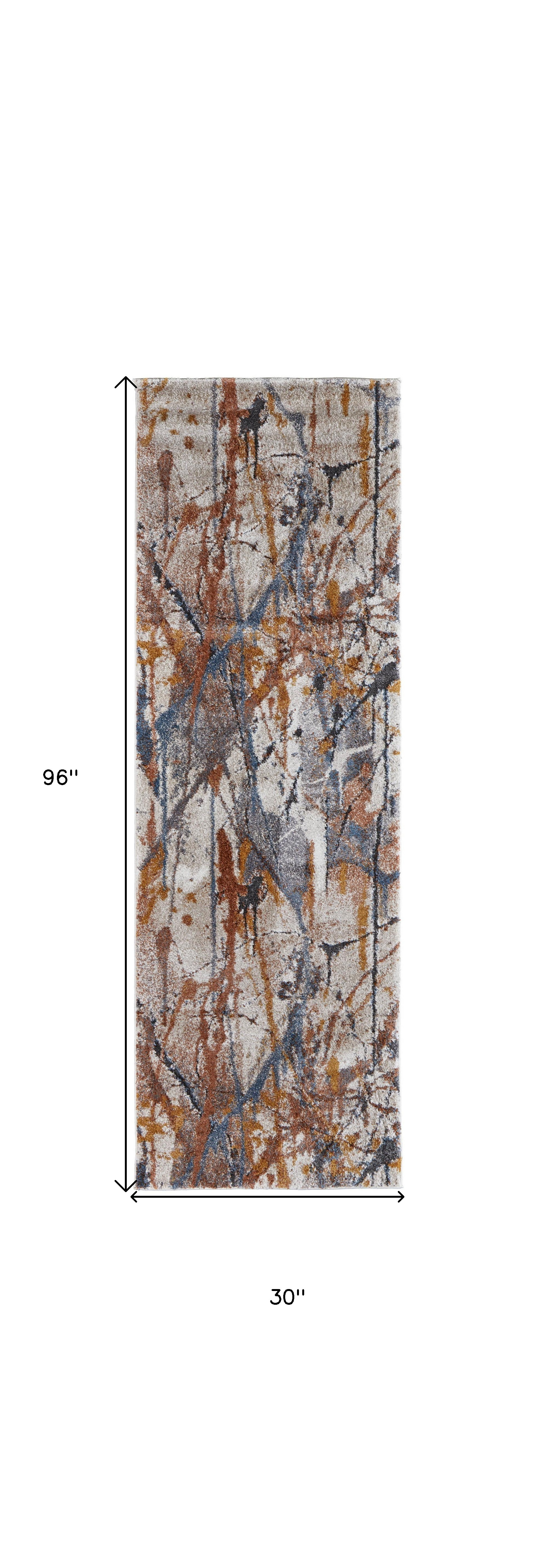 8" Ivory Blue and Brown Abstract Power Loom Runner Rug