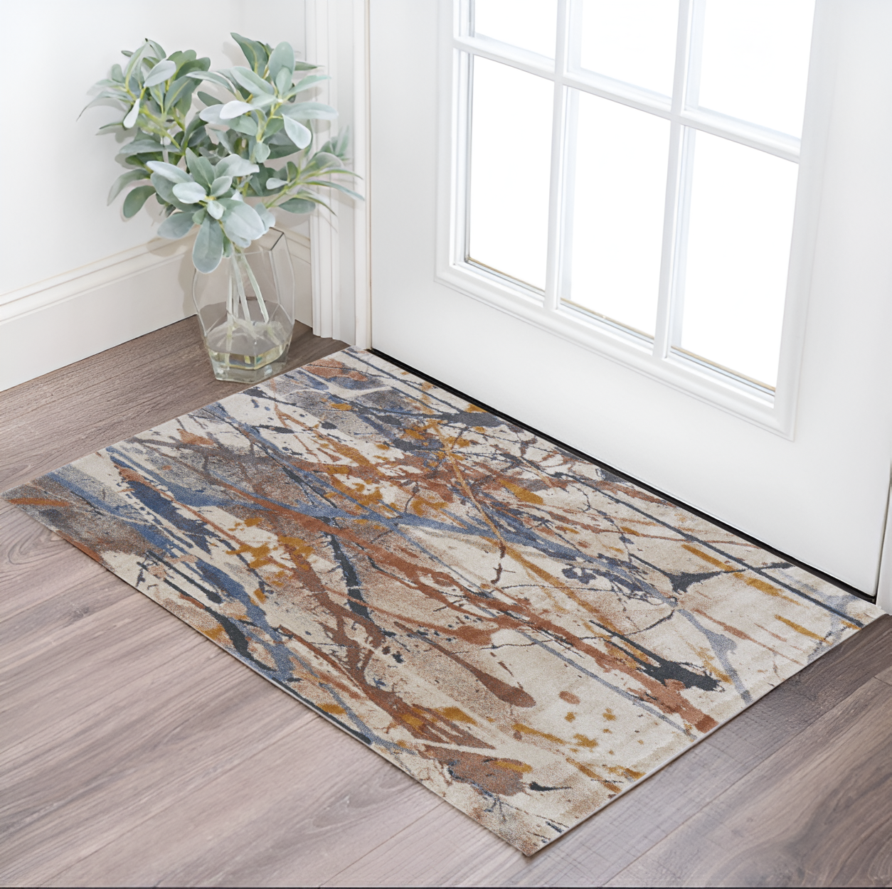 2" X 3" Ivory Blue and Brown Abstract Power Loom Area Rug