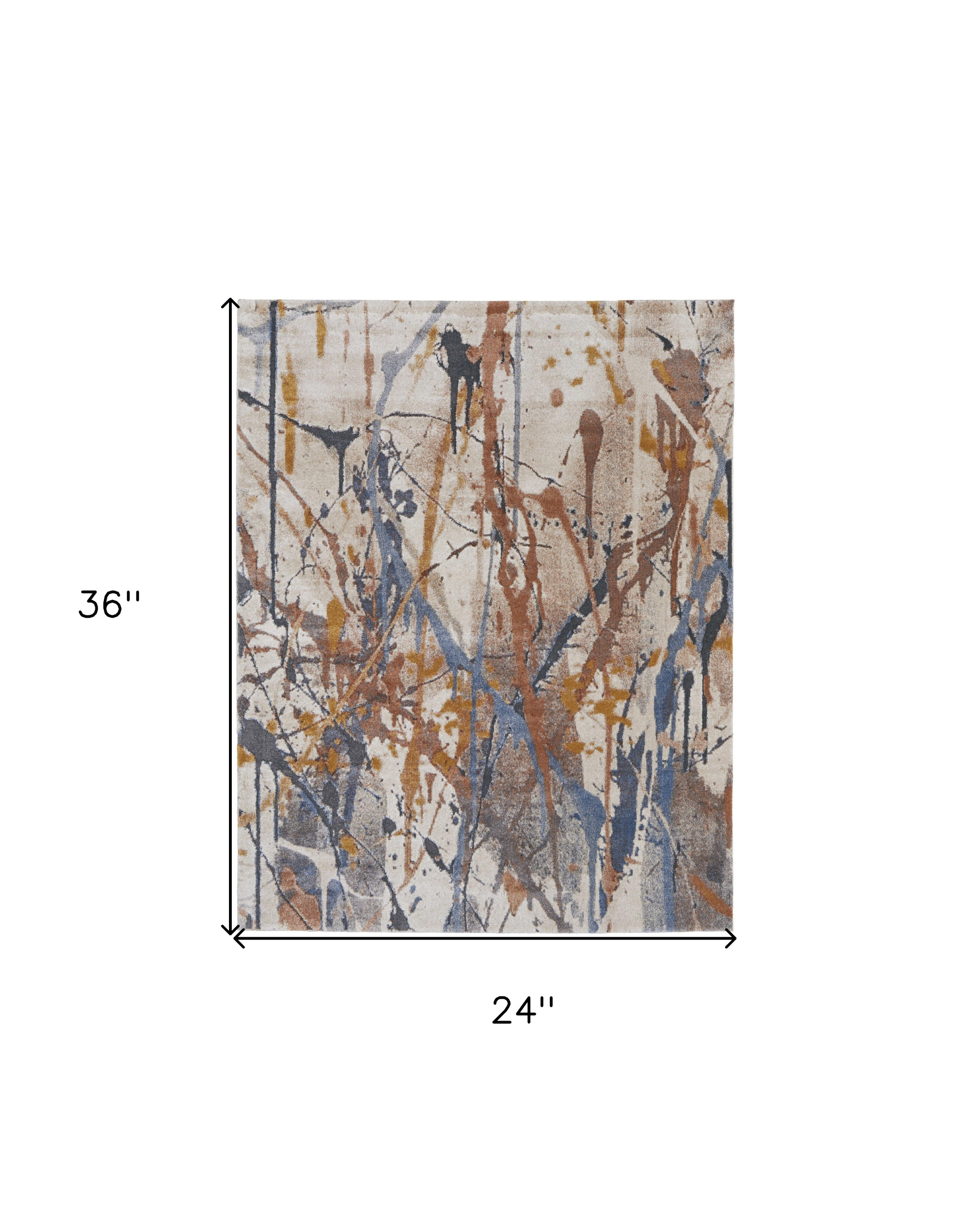 2" X 3" Ivory Blue and Brown Abstract Power Loom Area Rug