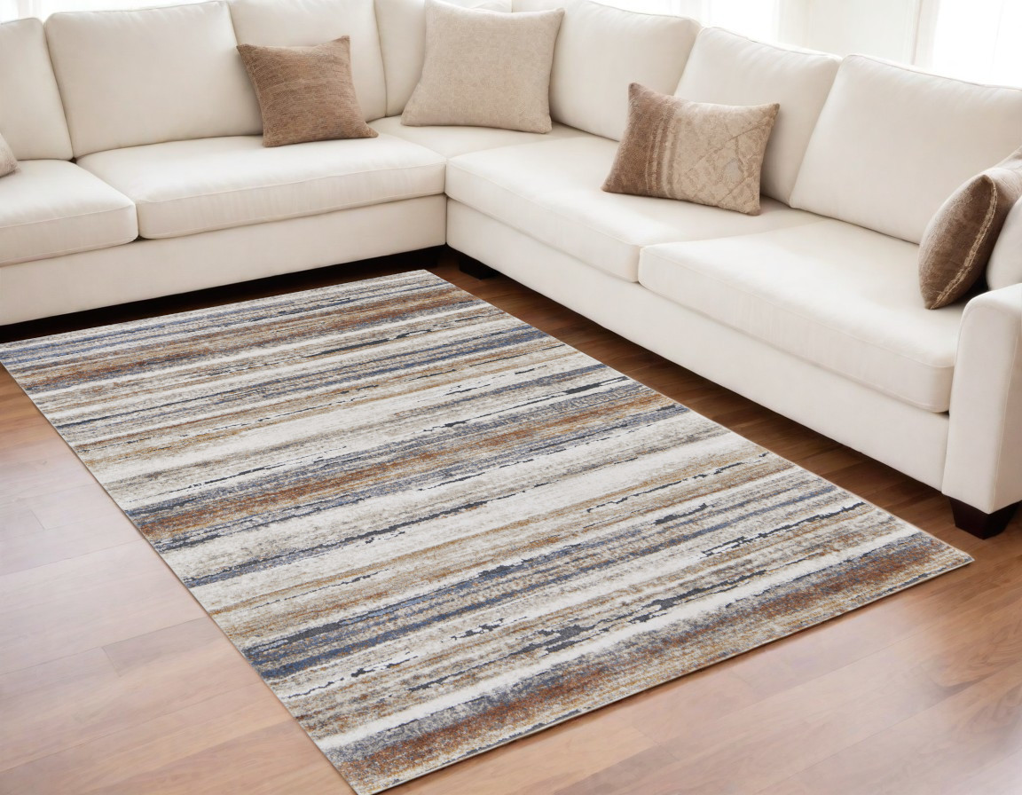 5" X 8" Ivory Blue and Brown Striped Power Loom Area Rug