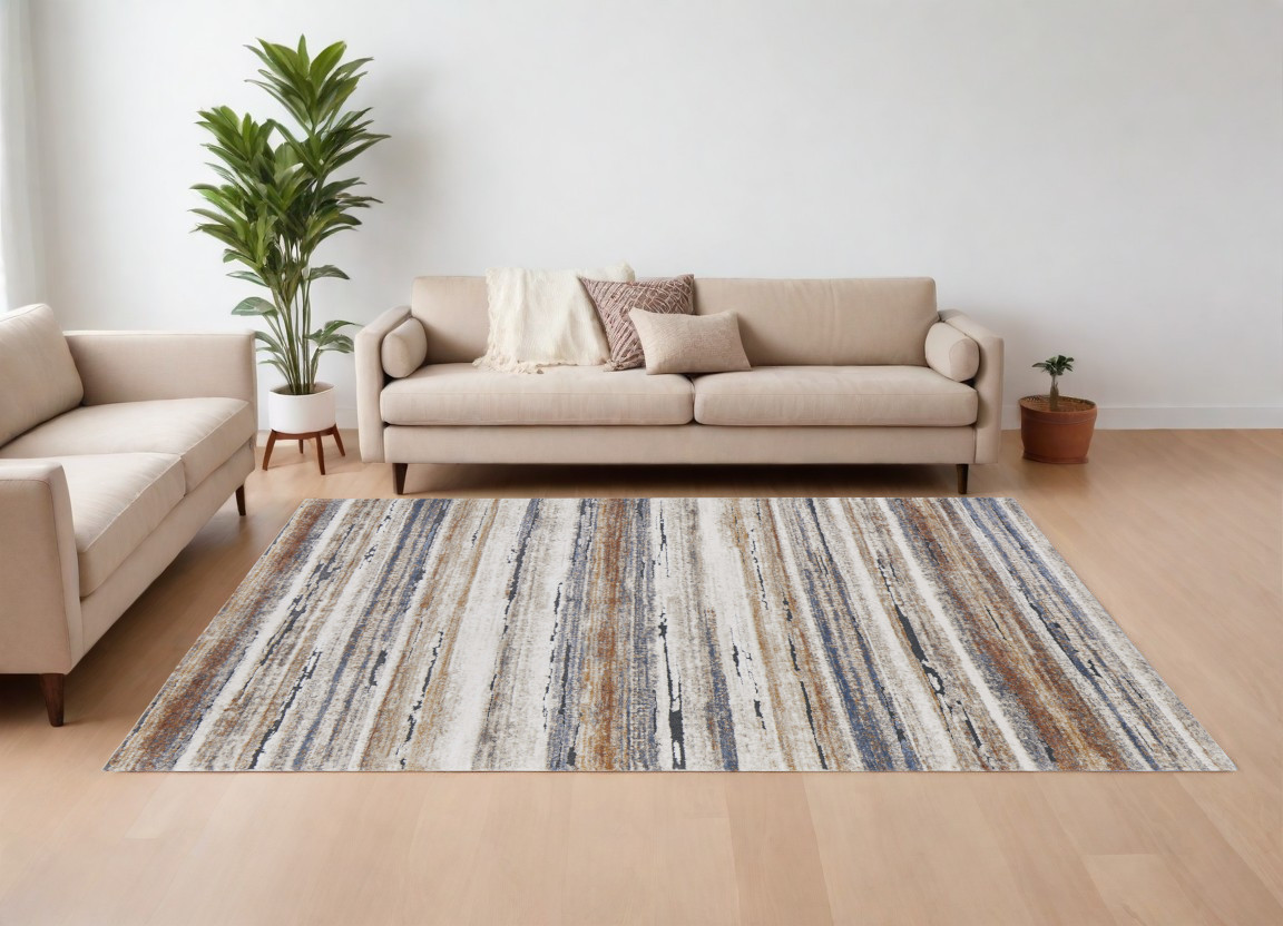 8" X 10" Ivory Blue and Brown Striped Power Loom Area Rug