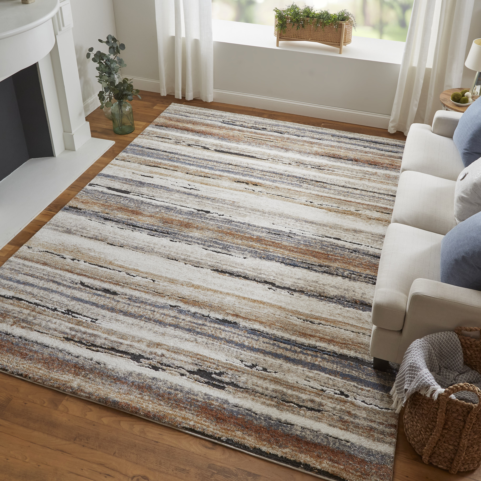 8" Ivory Blue and Brown Striped Power Loom Runner Rug