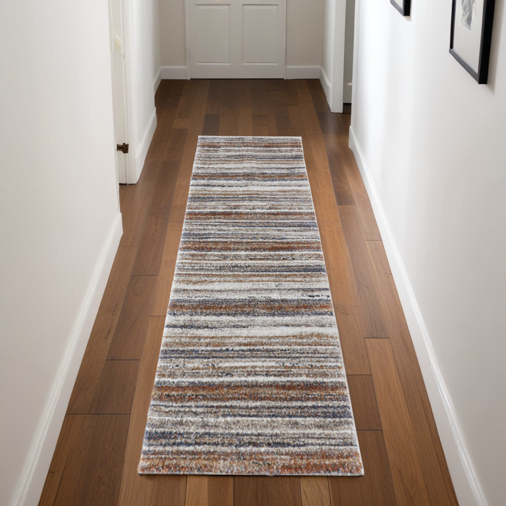 8" Ivory Blue and Brown Striped Power Loom Runner Rug