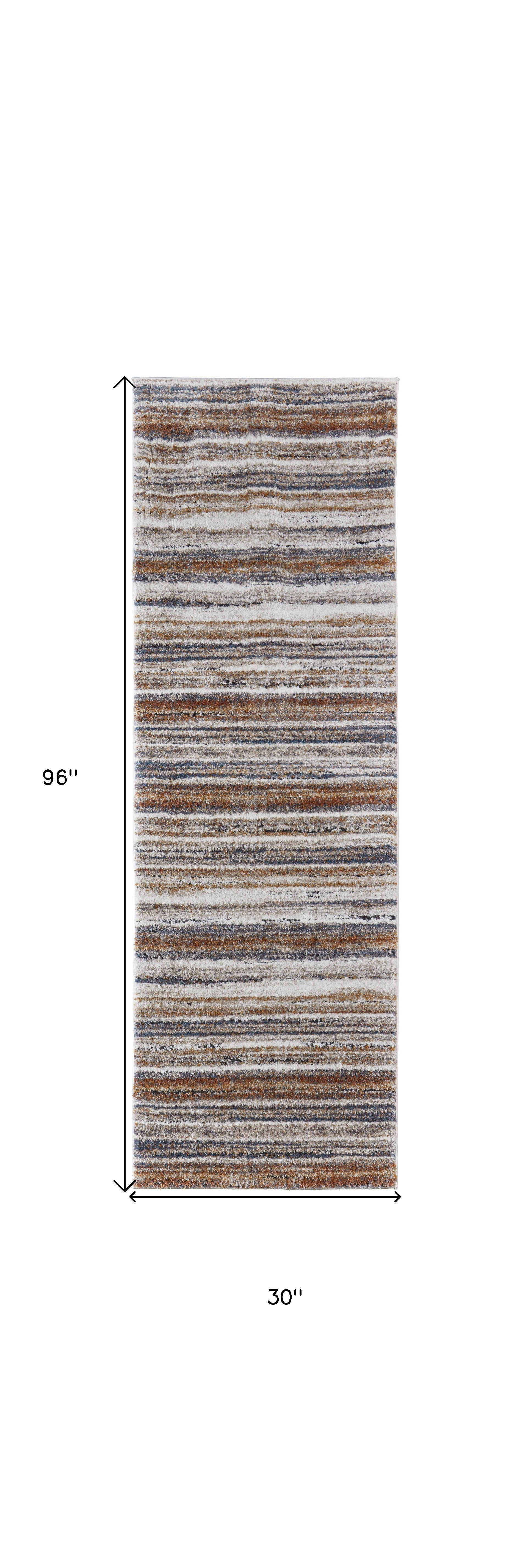 8" Ivory Blue and Brown Striped Power Loom Runner Rug