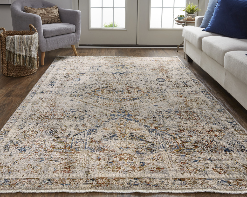 3" X 5" Red Tan and Blue Oriental Power Loom Worn Faded Area Rug With Fringe