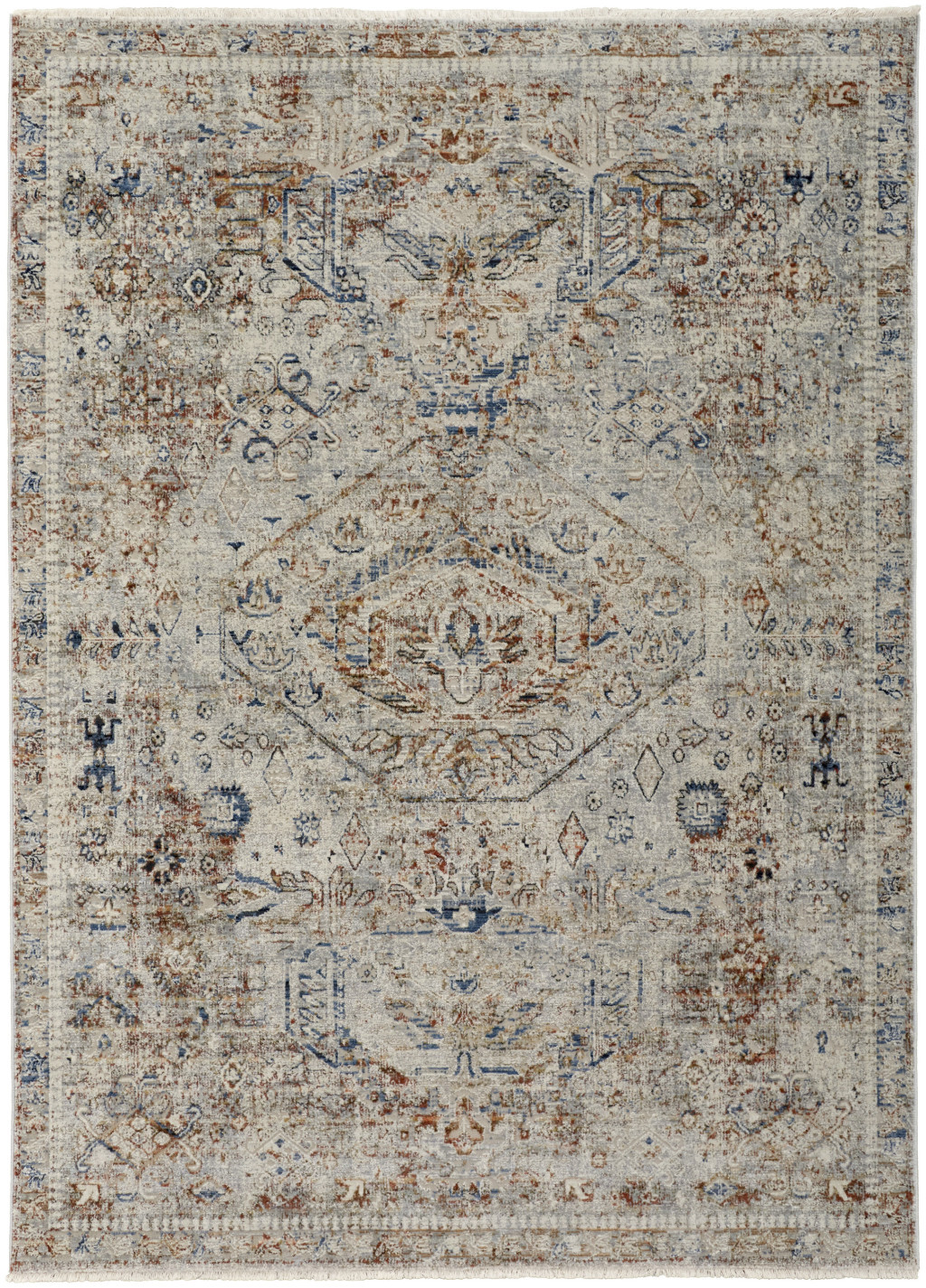 3" X 5" Red Tan and Blue Oriental Power Loom Worn Faded Area Rug With Fringe