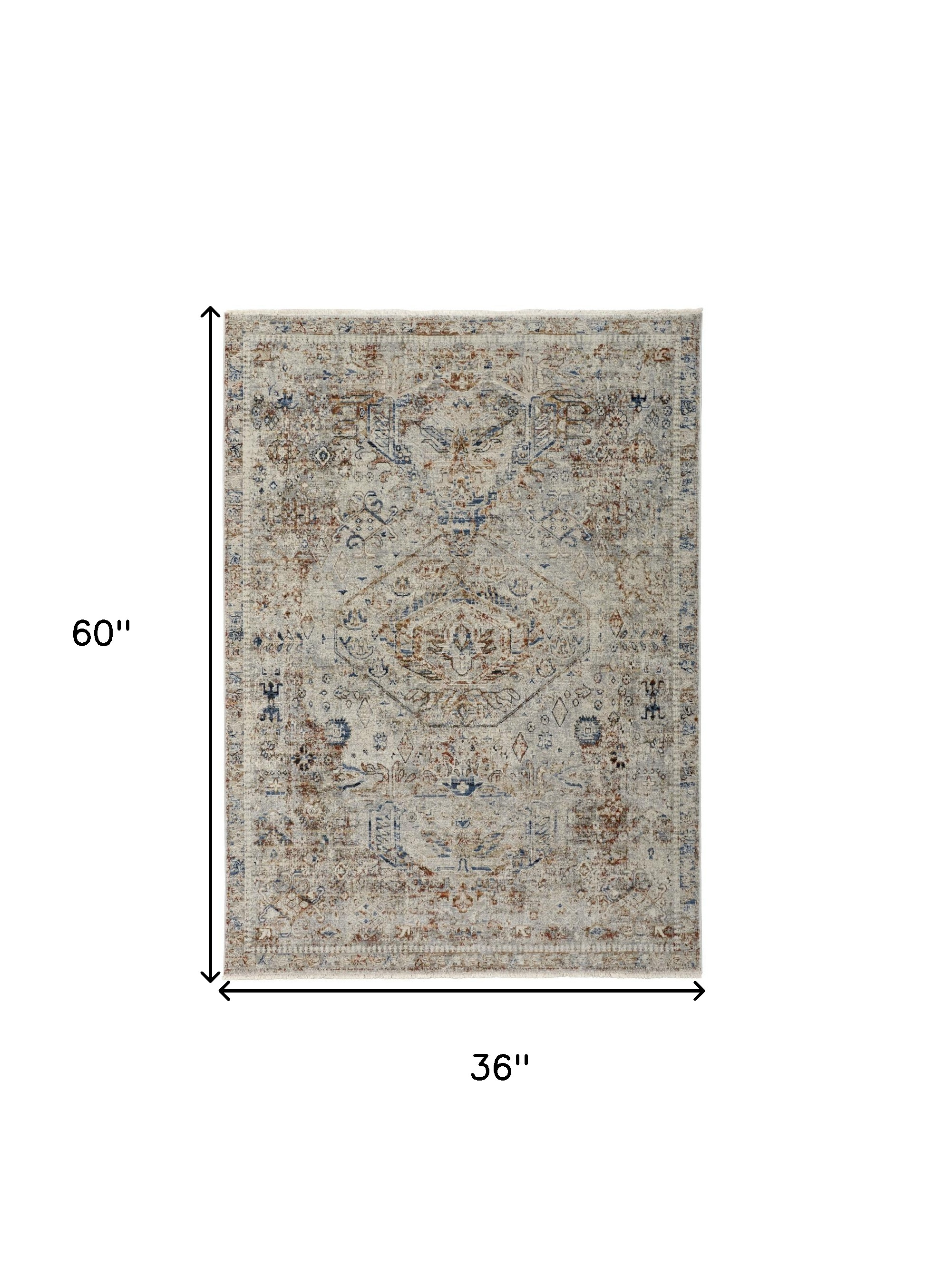 3" X 5" Red Tan and Blue Oriental Power Loom Worn Faded Area Rug With Fringe