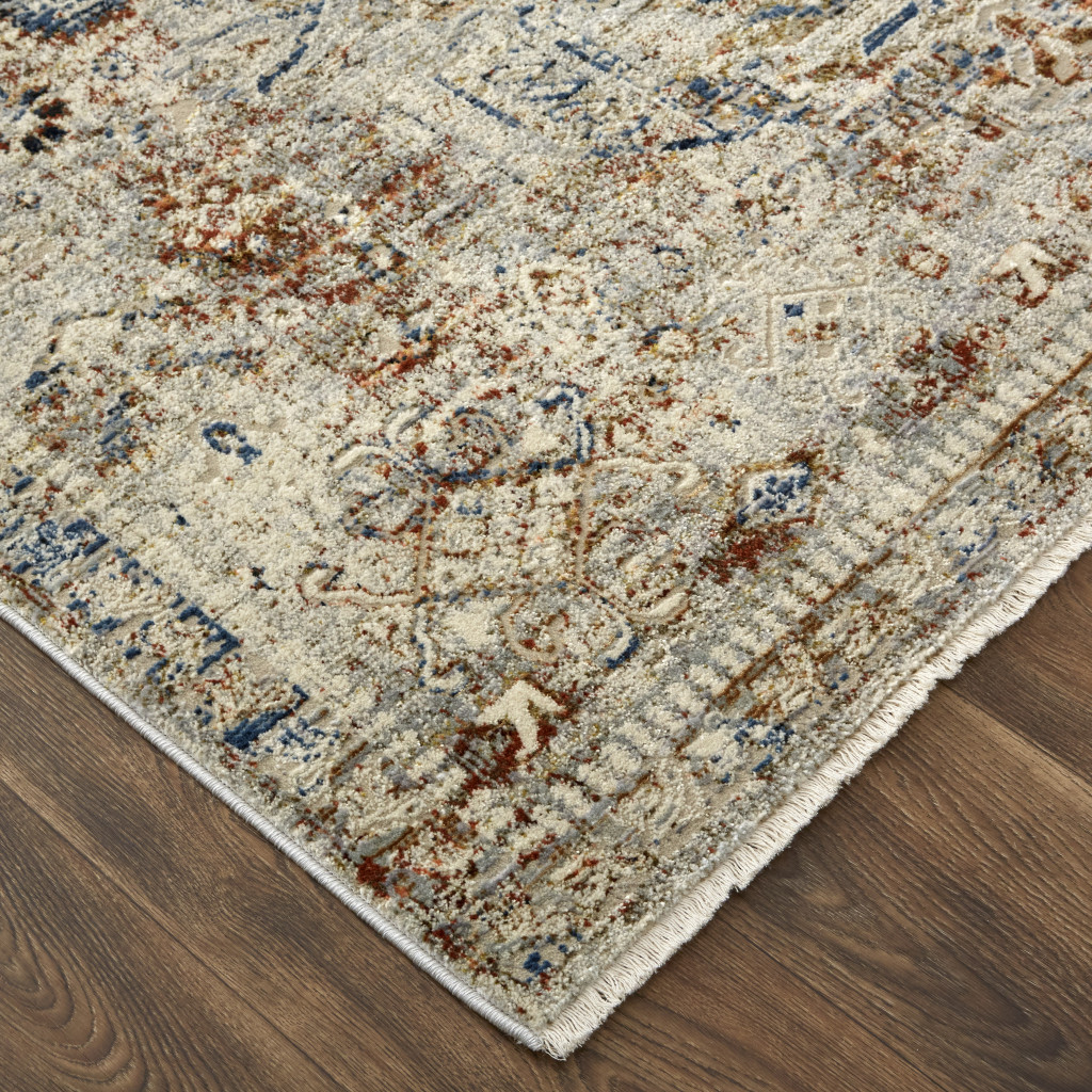 10" Red Tan and Blue Oriental Power Loom Worn Faded Runner Rug With Fringe