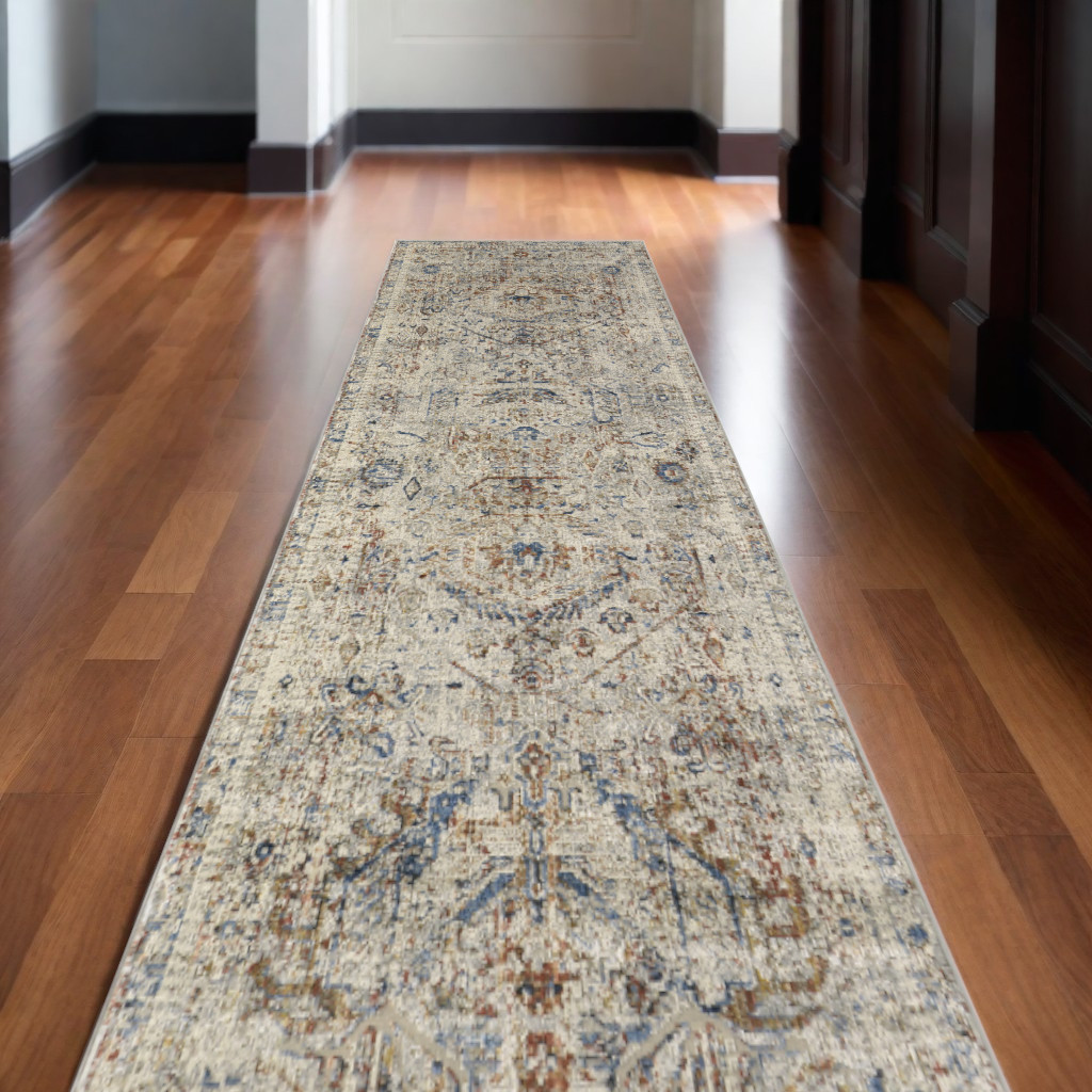 10" Red Tan and Blue Oriental Power Loom Worn Faded Runner Rug With Fringe