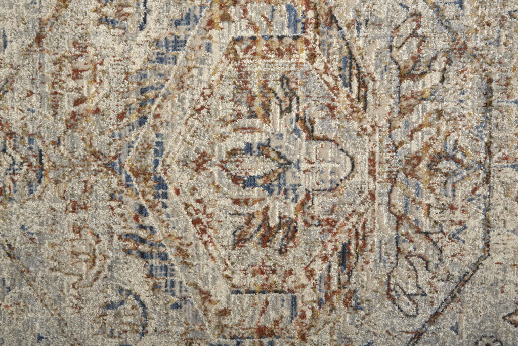 10" Red Tan and Blue Oriental Power Loom Worn Faded Runner Rug With Fringe