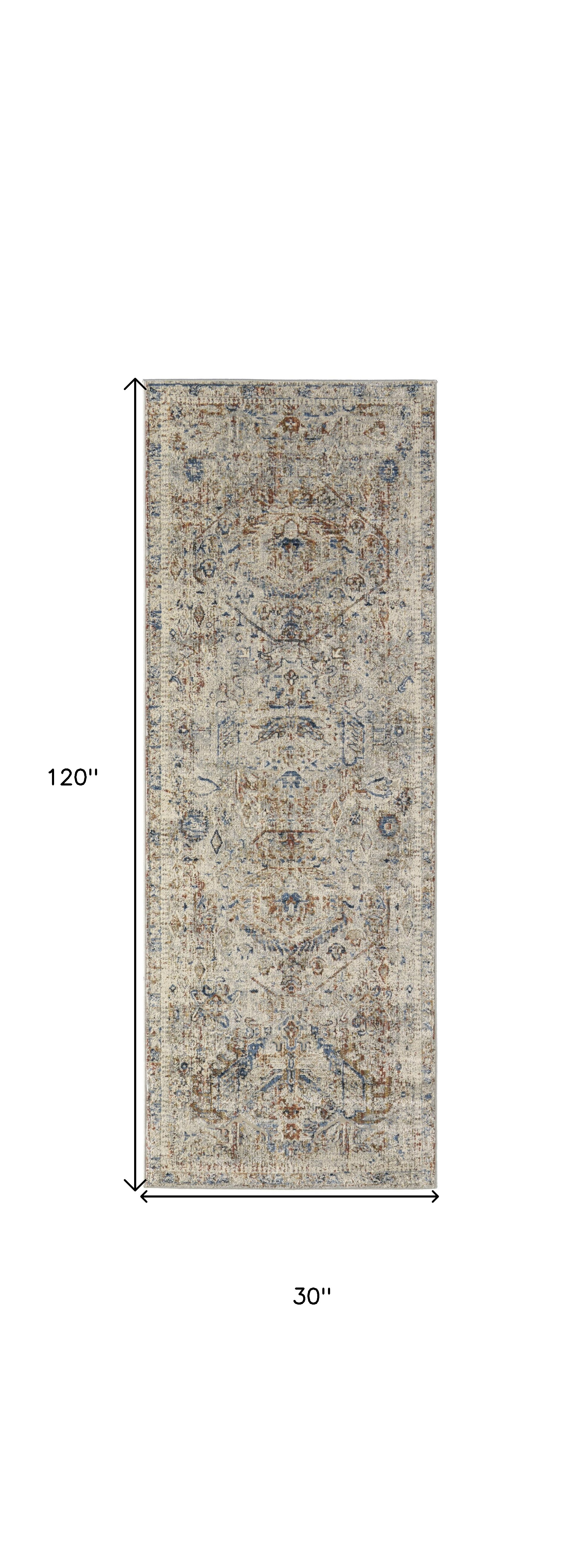 10" Red Tan and Blue Oriental Power Loom Worn Faded Runner Rug With Fringe