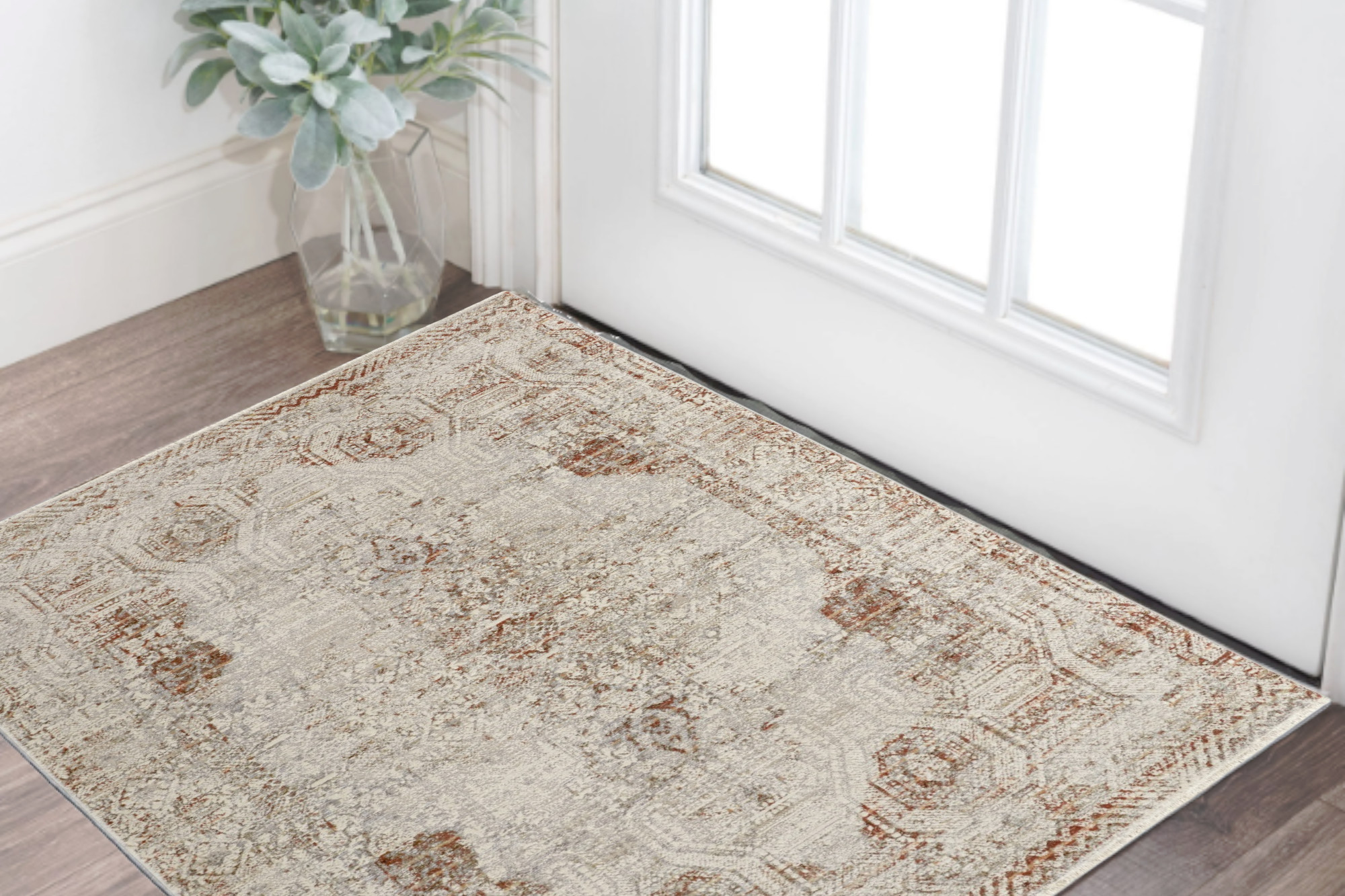 3" X 5" Ivory Gray and Brown Abstract Power Loom Worn Faded Area Rug With Fringe