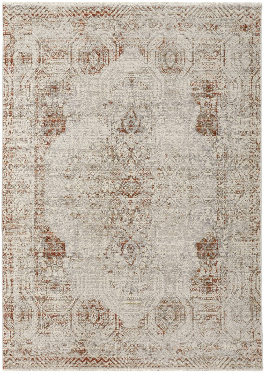 3" X 5" Ivory Gray and Brown Abstract Power Loom Worn Faded Area Rug With Fringe