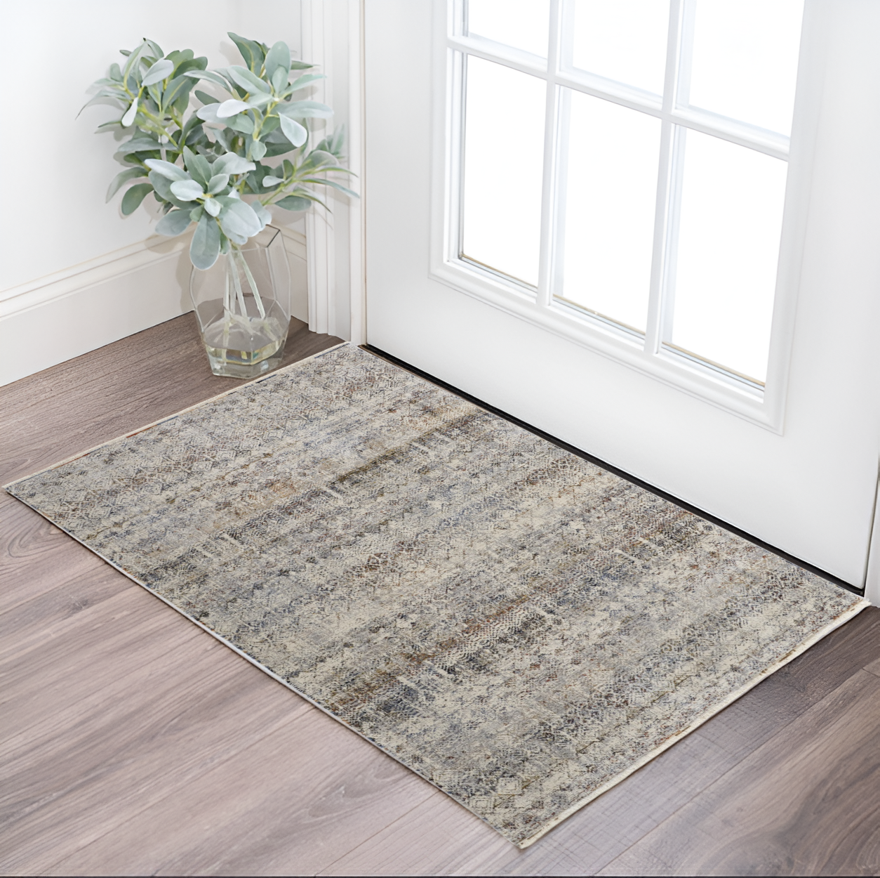 3" X 5" Gray Ivory and Blue Abstract Power Loom Worn Faded Area Rug With Fringe