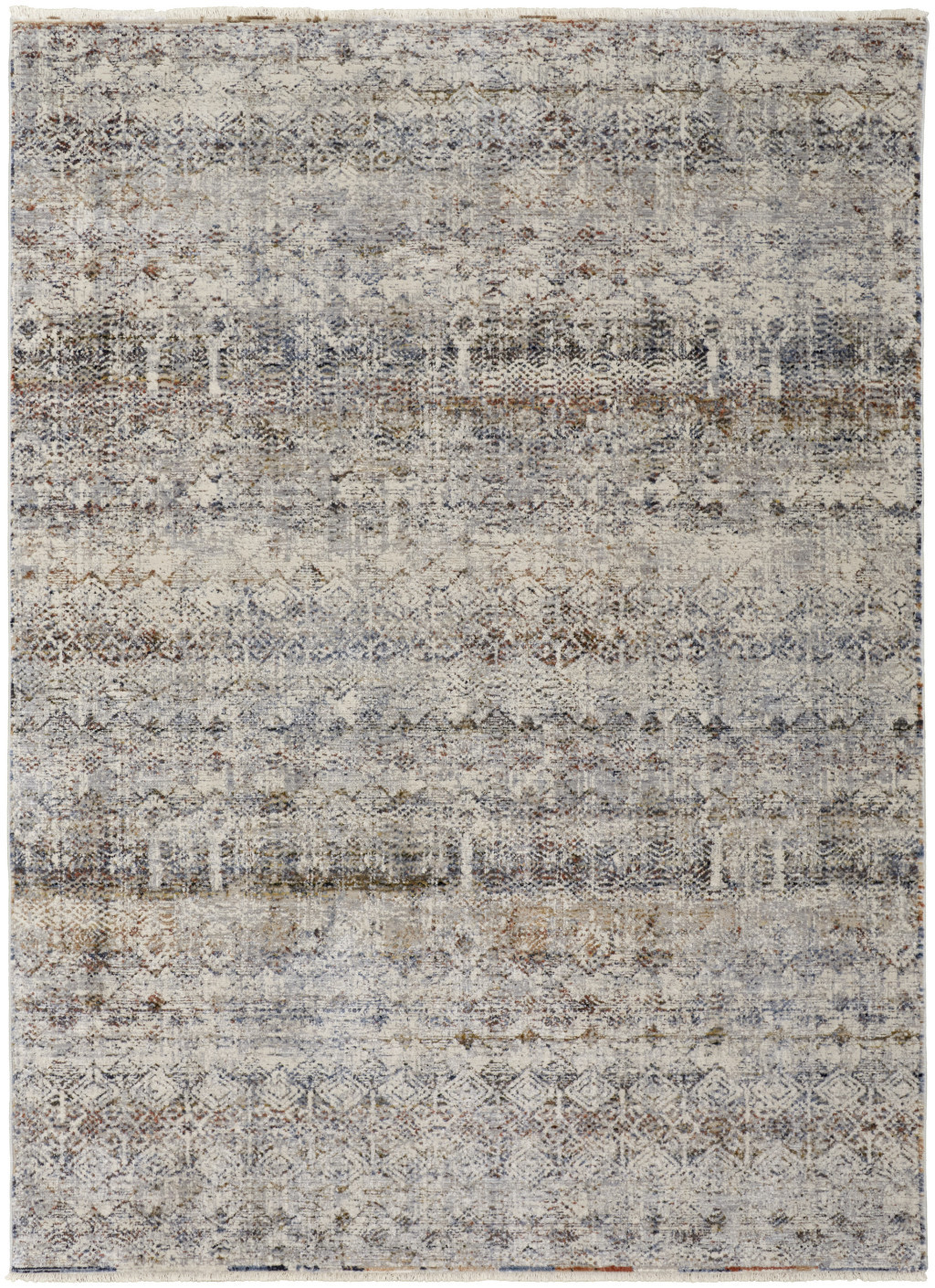 3" X 5" Gray Ivory and Blue Abstract Power Loom Worn Faded Area Rug With Fringe