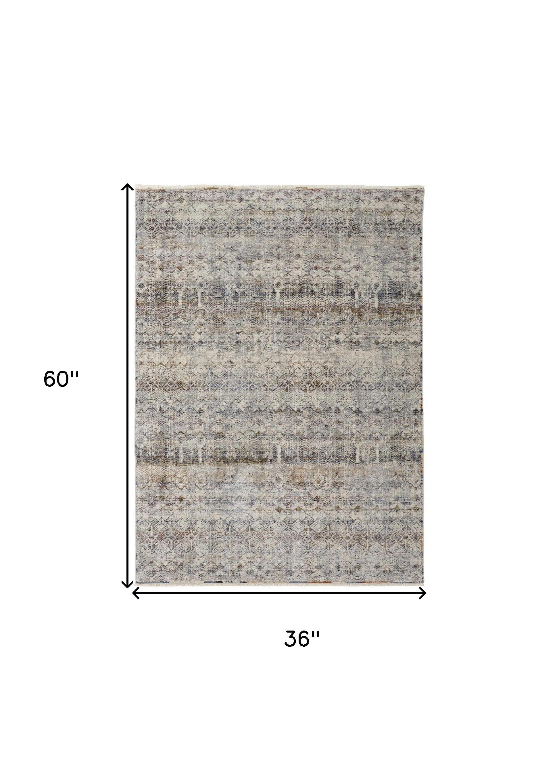3" X 5" Gray Ivory and Blue Abstract Power Loom Worn Faded Area Rug With Fringe